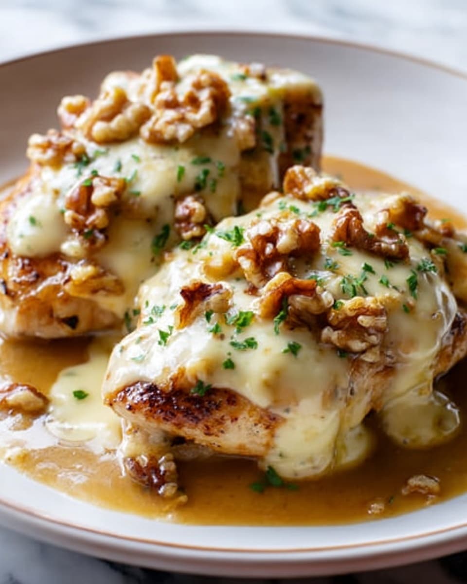 The image shows two pieces of golden brown chicken breast on a white plate, each topped with a thick layer of melted, creamy cheese sauce and sprinkled with chopped walnuts. There is a light drizzle of brown gravy covering the chicken and pooling slightly around the edges. Finely chopped green herbs are scattered on top for color contrast. The surface beneath the plate is a white marbled texture. photo taken with an iphone --ar 4:5 --v 7