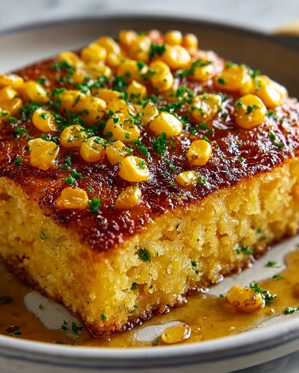 A square piece of golden-brown corn pudding sits on a white plate with a slight blue tint, showing a crispy, caramelized top layer studded with bright yellow corn kernels and sprinkled with finely chopped green herbs. The middle layer is soft and creamy with a pale yellow color and moist texture that contrasts with the crunchy top. The plate rests on a white marbled surface, and some small droplets of liquid pool around the pudding, adding a glossy shine. photo taken with an iphone --ar 4:5 --v 7