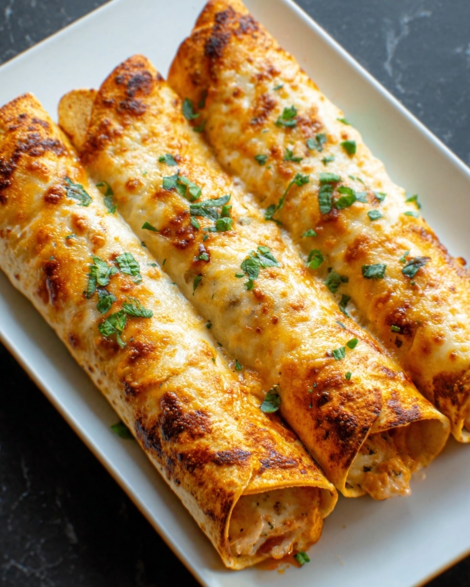 The image shows four rolled enchiladas placed side by side on a white rectangular plate. Each enchilada has a golden-brown toasted outer layer with melted cheese slightly browned on top. There are small green herb pieces sprinkled evenly over the enchiladas, adding a fresh look. The inside filling is lightly visible at the open ends, revealing a creamy texture with small bits of ingredients. The plate sits on a white marbled surface, emphasizing the warm colors of the food. photo taken with an iphone --ar 4:5 --v 7