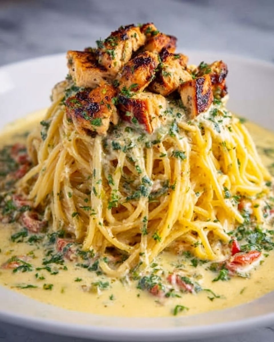 A white plate with a tall nest of creamy yellow spaghetti in the center, coated with a light herb sauce that pools at the bottom with visible small green and red bits. On top of the pasta, there are several chunks of grilled chicken with a slightly charred, golden-brown surface and specks of herbs. The background shows a white marbled texture. photo taken with an iphone --ar 4:5 --v 7