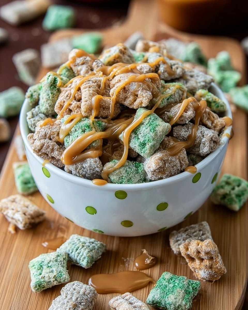 A white bowl with small white dots is filled with a crunchy snack mix that includes pieces in light brown, green, and tan colors, all drizzled with a light brown caramel sauce, creating a rough texture. The bowl sits on a wooden board with scattered pieces of the snack and a few small caramel squares around it. The snack pieces are mostly square-shaped with some looking coated in a powdery texture. The background is a white marbled texture. photo taken with an iphone --ar 4:5 --v 7