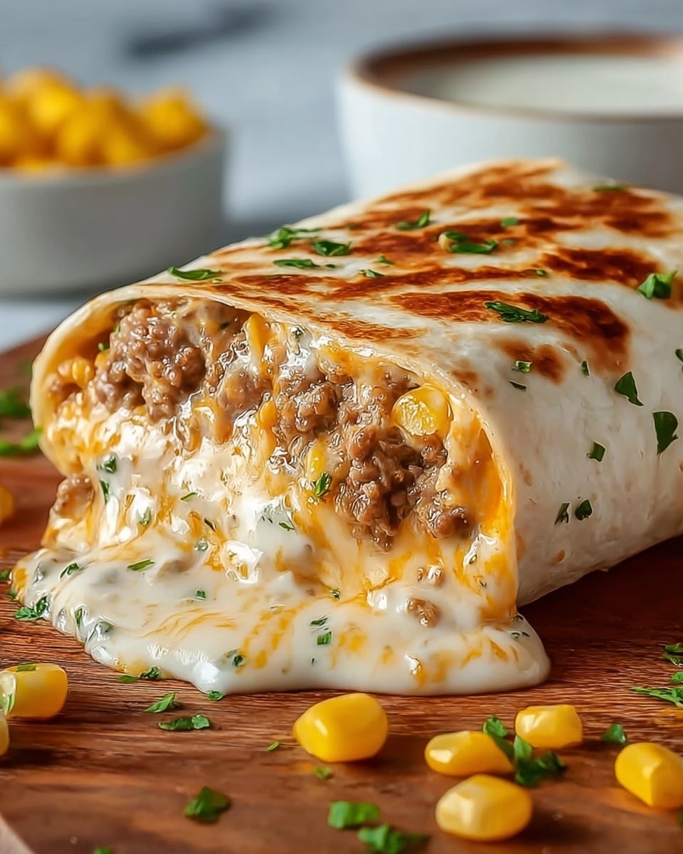 A close-up of a stuffed burrito resting on a wooden surface with a white marbled texture in the background. The burrito has a soft, lightly toasted tortilla with a slightly golden pattern on top. Inside, there are multiple layers of melted gooey cheese in creamy white and orange shades mixed with browned cooked ground meat pieces. Small green herb leaves are sprinkled on top of the burrito, with a few corn kernels and herbs scattered on the wooden surface around it. In the soft-focus background, a white bowl filled with a creamy white dip or sauce is partially visible. Photo taken with an iphone --ar 4:5 --v 7
