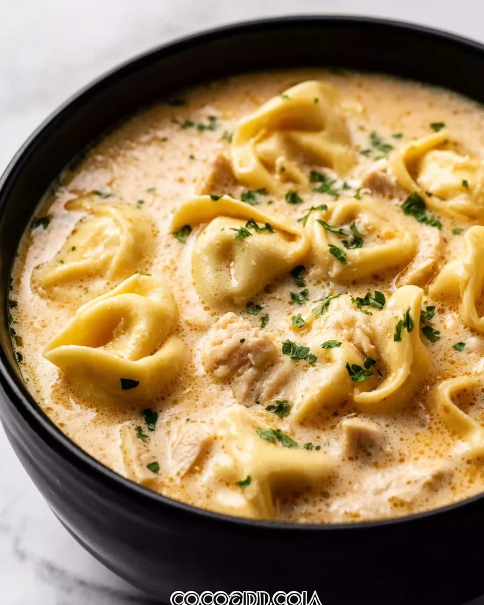 A close-up image of a black bowl filled with creamy tortellini soup, showing about three layers: the bottom layer of light beige creamy broth with visible small herbs, the middle layer of tortellini pasta with pale yellow, slightly curled shapes floating, and the top layer sprinkled with finely chopped green herbs and small chunks of chicken. The soup looks thick and smooth, with soft textures and a few bubbles on the surface. The bowl is placed on a white marbled background. Photo taken with an iphone --ar 4:5 --v 7