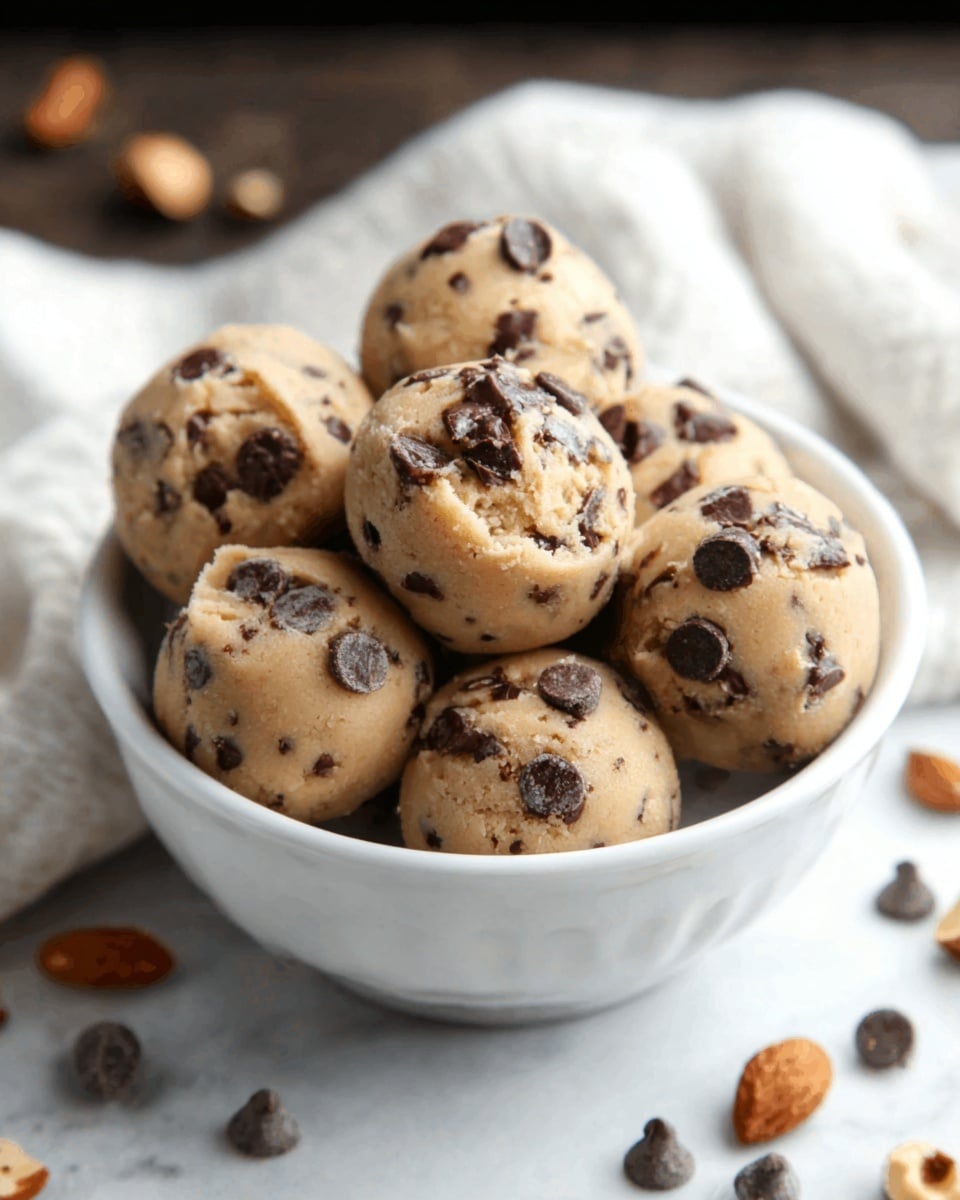 A white bowl filled with several round scoops of light brown ice cream, each scoop topped with small dark chocolate chunks. The bowl sits on a white marbled surface with a white cloth partially visible beside it. The texture of the ice cream looks creamy and smooth, while the chocolate pieces add a rough contrast. Photo taken with an iphone --ar 4:5 --v 7