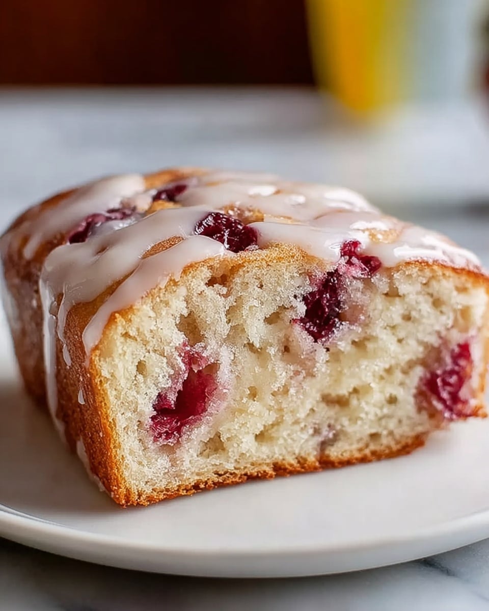 The image shows a slice of scone on a white plate with a white marbled surface in the background. The scone has three layers visible in the cut section: the base layer is a light golden-brown crust, the middle layer is a soft, fluffy white dough with deep red berry pieces embedded inside, and the top layer is covered with a smooth, glossy white icing that slightly drips down the sides. The texture of the scone looks crumbly yet moist, and the berries appear juicy and rich in color. Photo taken with an iphone --ar 4:5 --v 7