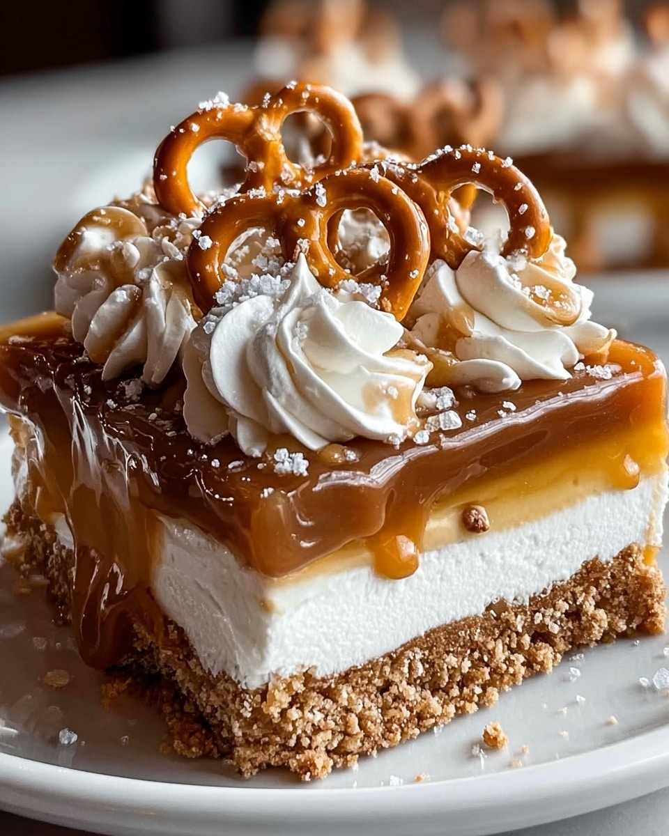 The dessert is a square, layered bar sitting on a white plate over a white marbled surface. The bottom layer is a crumbly, light brown crust that looks like crushed cookies or graham crackers. Above it is a thick, white creamy layer, smooth and soft. On top of this is a golden caramel layer that drips slightly down the sides. The topmost layer is made of white whipped cream swirls evenly spaced around the edges, each crowned with a small, shiny pretzel and sprinkled with coarse white salt crystals. The photo is close up with a soft background blur, showing rich textures and shiny caramel. Photo taken with an iphone --ar 4:5 --v 7