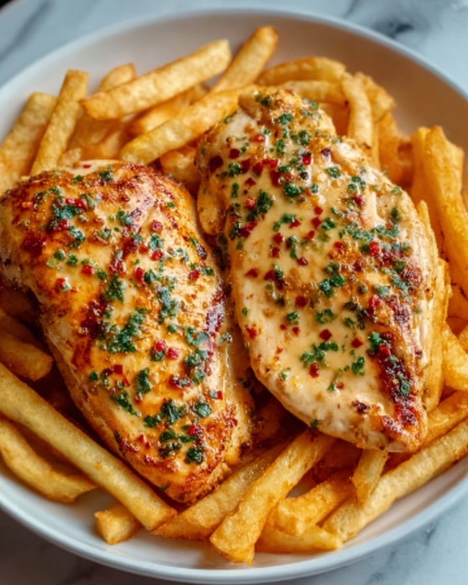 The image shows two pieces of grilled chicken breasts with a golden brown, slightly crispy surface topped with finely chopped green herbs and tiny red pepper flakes. They are placed in the center of a white shallow bowl, surrounded by a generous serving of light golden French fries with a crisp texture. The bowl sits on a white marbled surface that adds a clean, bright background to the dish. The warm colors of the chicken and fries contrast with the white bowl and surface, making the food stand out clearly. photo taken with an iphone --ar 4:5 --v 7