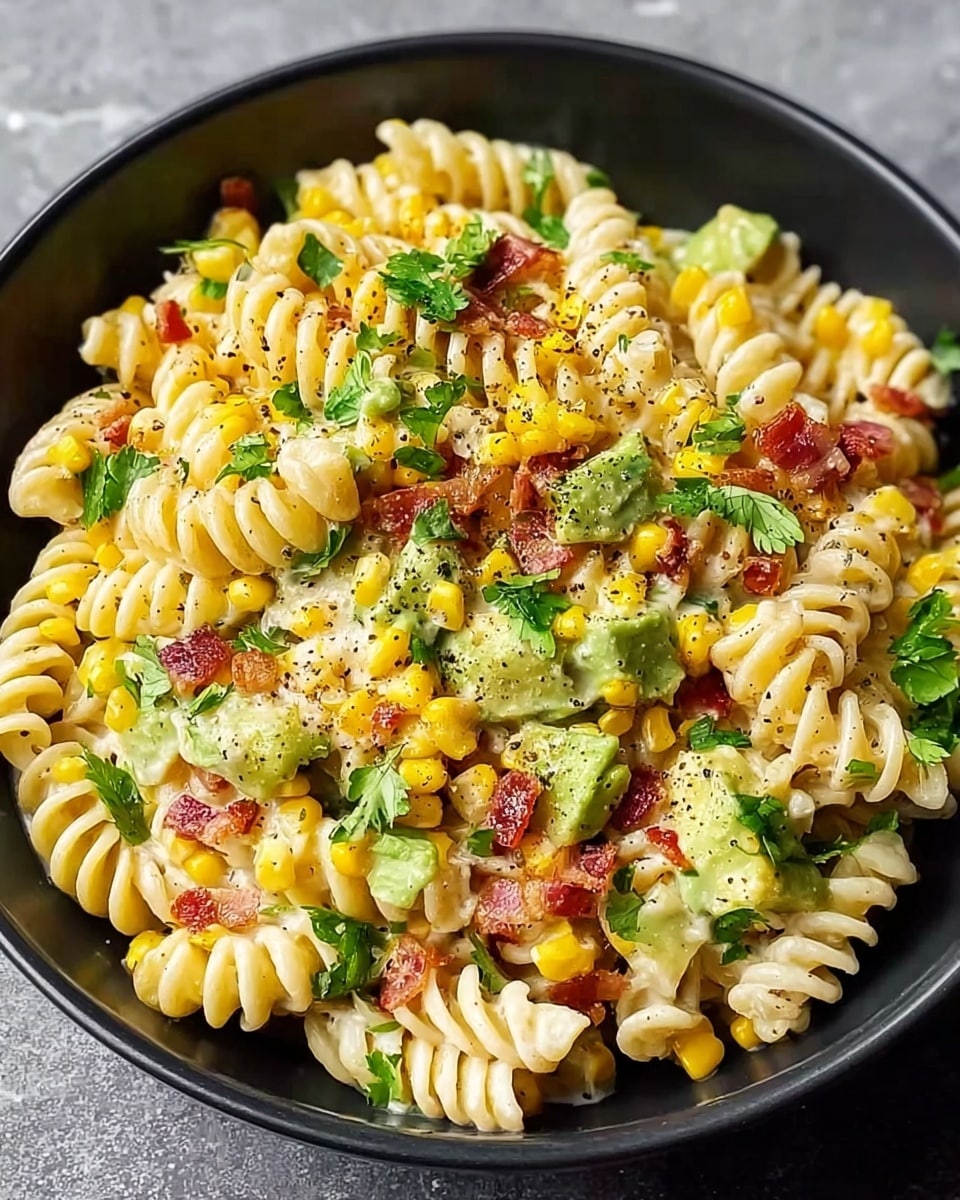 A close-up of a white bowl filled with creamy fusilli pasta mixed with bright yellow corn kernels and small green avocado chunks, scattered with bits of red crispy bacon and white cheese crumbles. Fresh green herbs are sprinkled on top, adding a touch of color and freshness. The bowl sits on a white marbled surface, and a woman's hand is placing or holding the bowl. The overall look is vibrant, creamy, and colorful, showing the texture of the pasta spirals coated in sauce with fresh ingredients on top. photo taken with an iphone --ar 4:5 --v 7