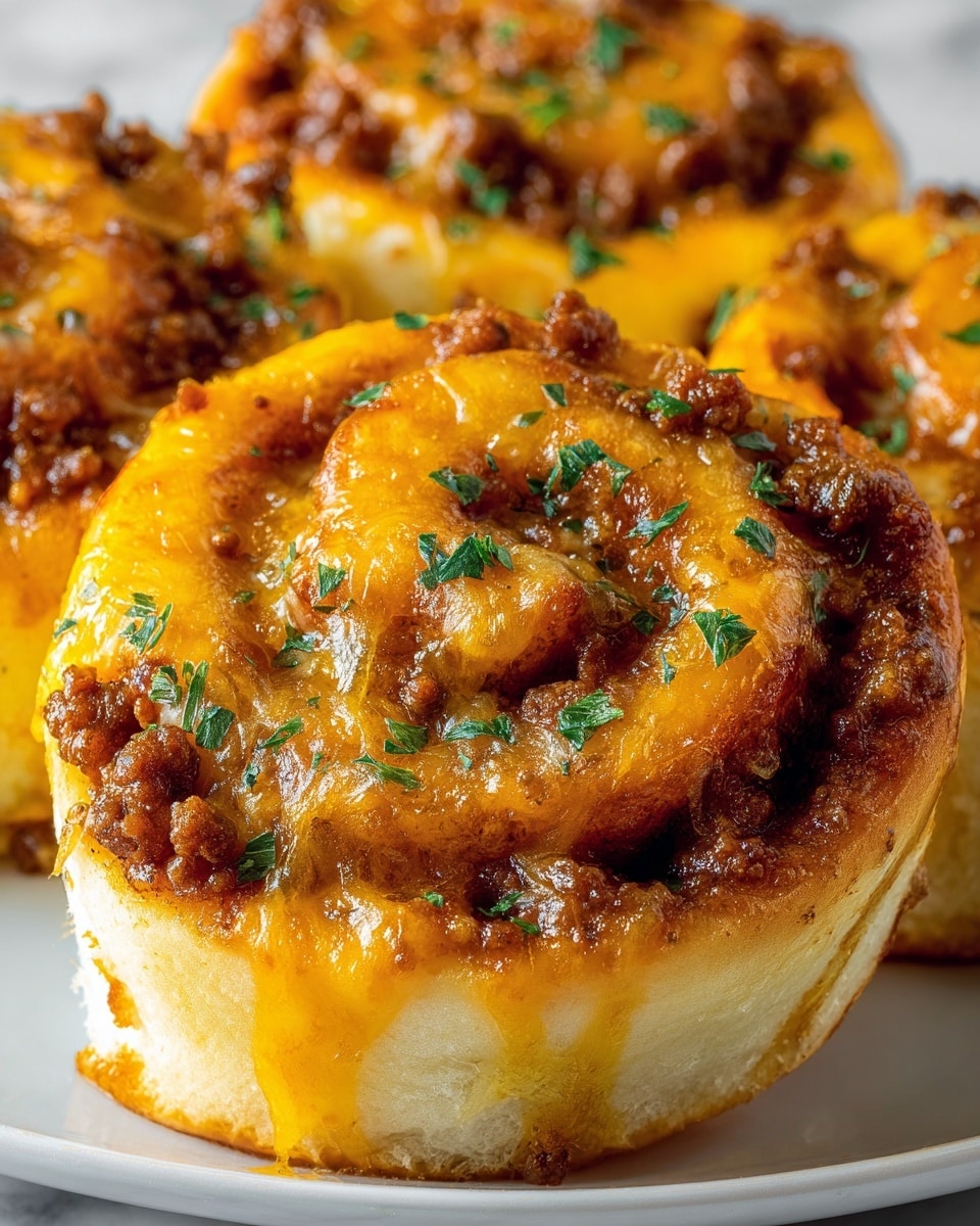 The dish shows a close-up of a spiral roll with three main layers: the base layer is a light golden, soft dough that is thick and slightly toasted at the edges; on top of the dough sits a crumble of dark, well-cooked ground meat spread evenly throughout the spiral; the top layer is melted bright orange cheddar cheese that covers the meat, with some browned spots from baking. The roll is sprinkled with small pieces of fresh green herbs scattered over the cheese. The edge of a white plate is visible under the roll, placed on a white marbled surface. photo taken with an iphone --ar 4:5 --v 7