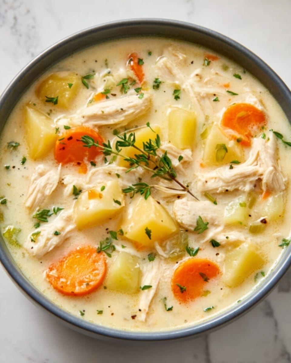 A white bowl filled with creamy chicken soup sits on a white marbled surface. The soup has a light yellow broth with soft pieces of white chicken meat scattered throughout. There are round slices of orange carrots and small cubes of yellow potatoes floating in the soup, mixed with tiny bits of green herbs. On top, a small sprig of fresh thyme adds a touch of green. The bowl has a smooth round shape with a matte finish. photo taken with an iphone --ar 4:5 --v 7