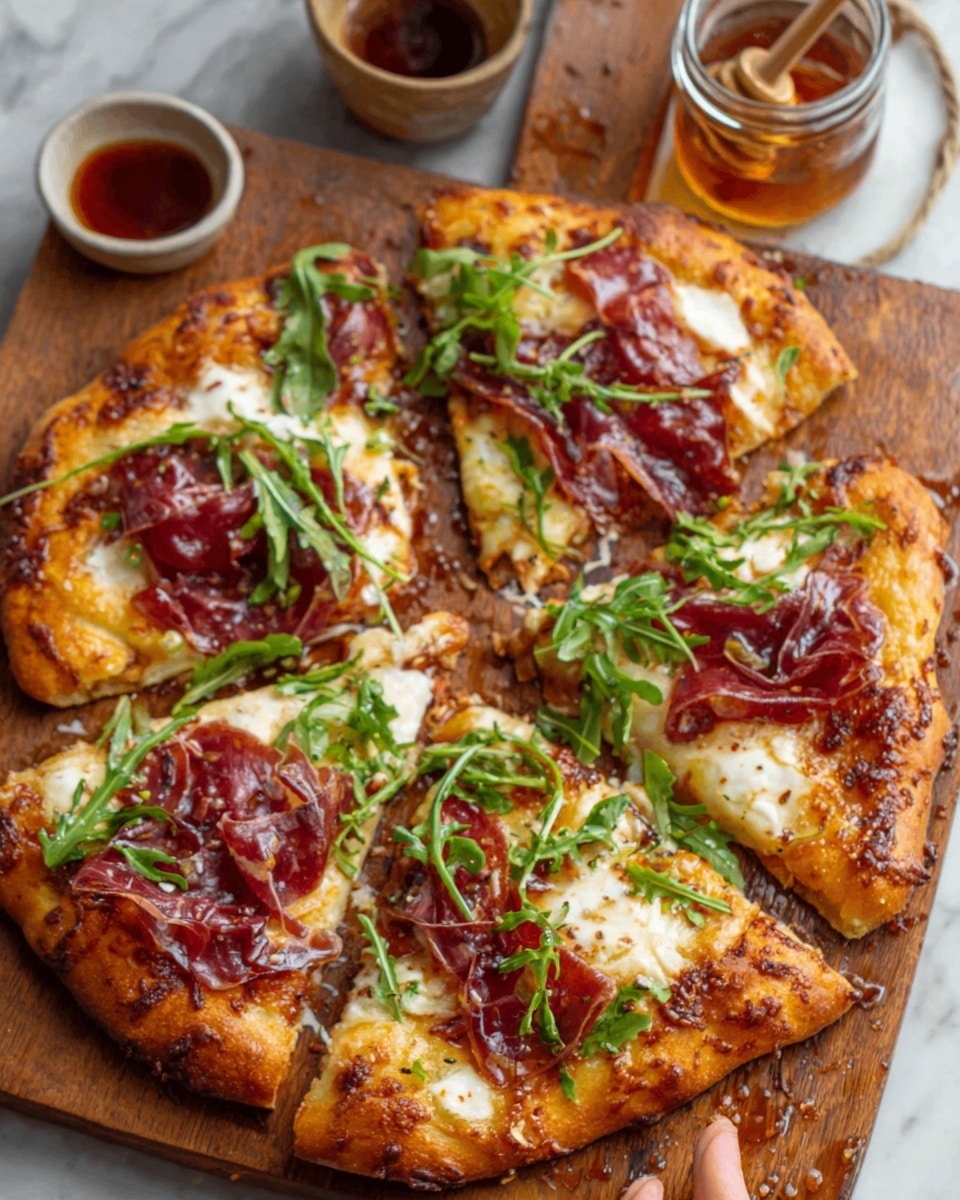 The image shows a rustic pizza with a golden-brown crust on a wooden board placed over a white marbled surface. The pizza has several layers: the base is covered with melted cheese, followed by evenly spread slices of dark red cured meat. On top, there are dollops of creamy white cheese and scattered green arugula leaves, adding a fresh touch. A jar of honey and a small dish with a spoon are partially visible in the background. The photo is taken with a woman’s hand lifting a slice of pizza. photo taken with an iphone --ar 4:5 --v 7