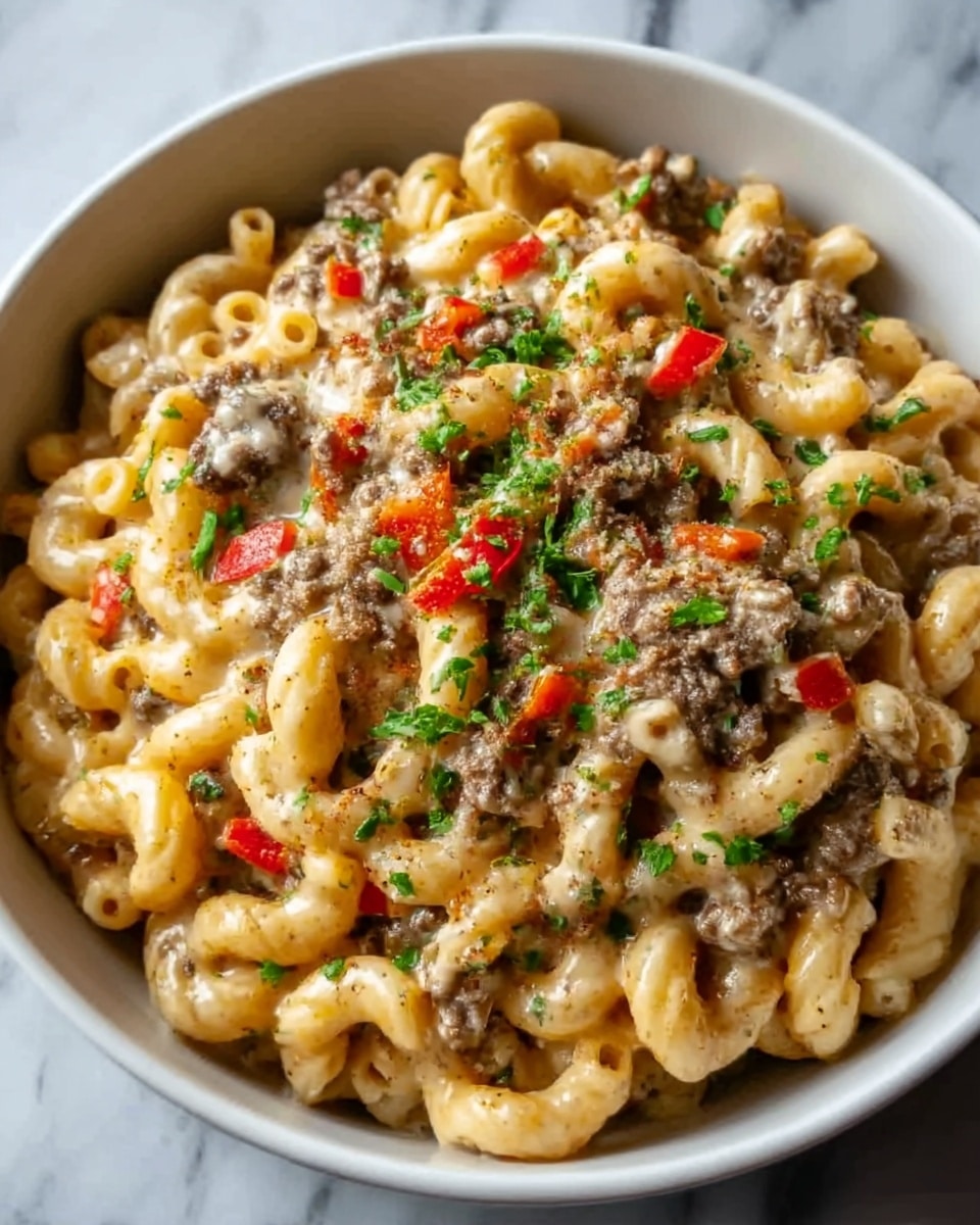 A close-up of a white bowl filled with a creamy pasta dish layered with curly macaroni noodles coated in cheese sauce and mixed with browned beef pieces. Red bell pepper slices are scattered on top, adding splashes of color, and the dish is garnished with chopped green herbs and a sprinkle of cracked black pepper. The background is a white marbled surface. Photo taken with an iphone --ar 4:5 --v 7