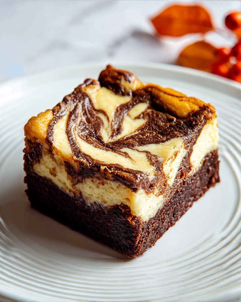 A close-up view of a single square brownie showing two layers: the bottom layer is rich and dense dark brown chocolate, while the top layer has a creamy light yellow cheesecake base with dark brown chocolate swirls creating a marbled effect on the surface. The brownie sits on a white plate with subtle round ridges, placed on a white marbled texture. There are a few small orange-red berries and leaves softly blurred in the background. photo taken with an iphone --ar 4:5 --v 7