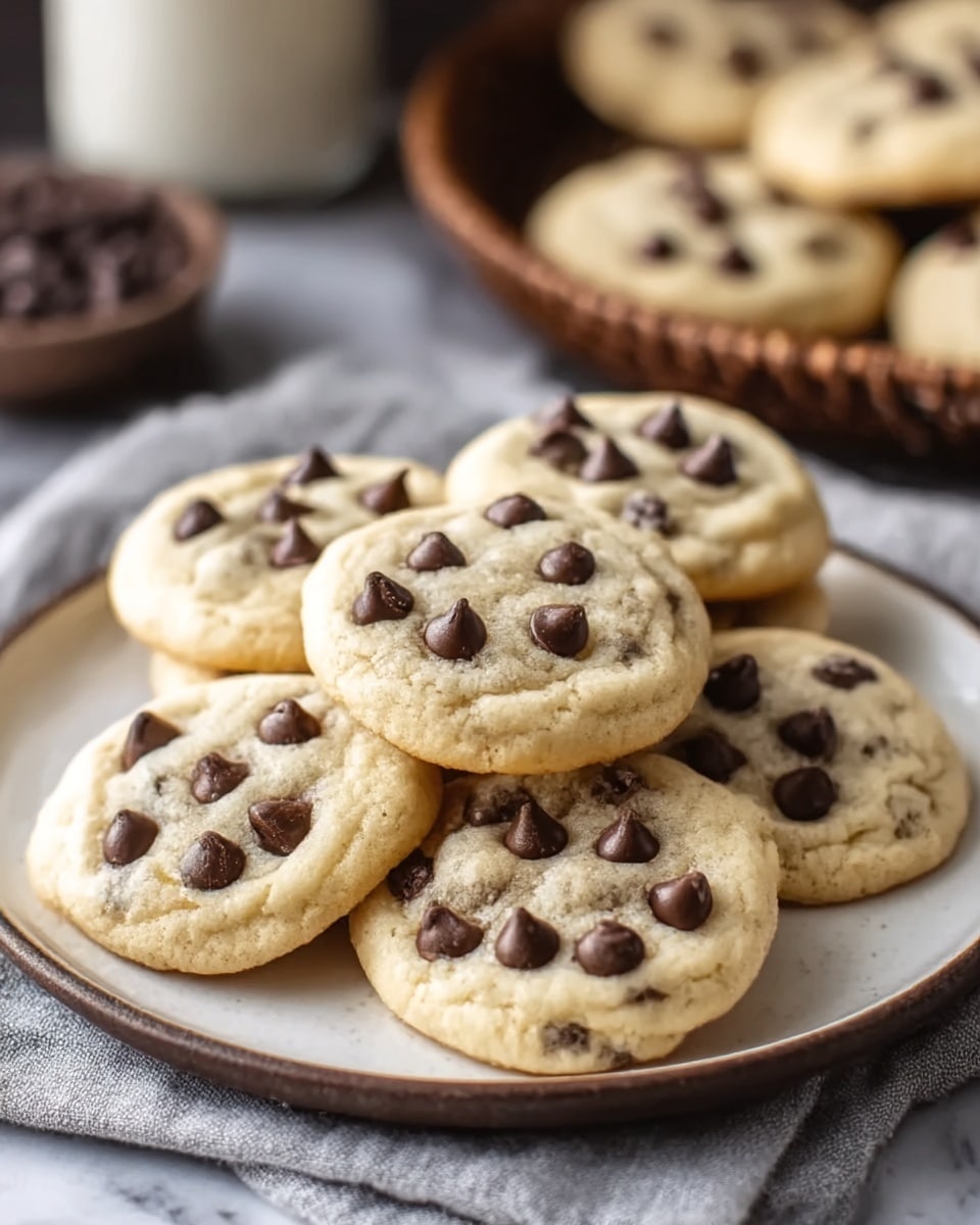 A white plate holds six soft, round chocolate chip cookies with golden edges and a slightly pale center, each cookie dotted generously with dark brown chocolate chips spread evenly on top. The cookies have a slightly crinkled texture and a few small cracks, showing their soft inside. The plate rests on a gray cloth over a white marbled surface, and in the blurred background, more cookies can be seen in a basket and a white bowl. The lighting is soft and natural, highlighting the warm tones of the cookies. Photo taken with an iphone --ar 4:5 --v 7