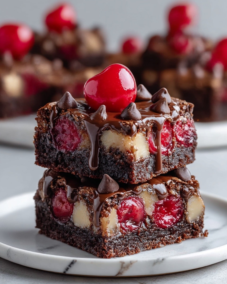 Two stacked brownie squares on a white plate, each with three visible layers: a dark, rich chocolate base with a dense texture, a middle layer with bright red cherries embedded, and a top layer with a gooey mix of light beige batter and melted chocolate chips. The top brownie has glossy chocolate chips scattered and a single shiny red cherry on top, with some chocolate dripping down the side. The background is a blurred white marbled texture. photo taken with an iphone --ar 4:5 --v 7