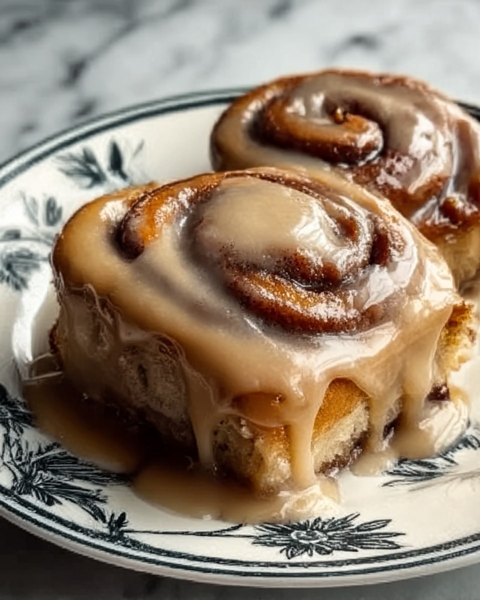 A close-up of two cinnamon rolls with a light brown, swirled interior and golden-baked edges, covered in a thick, creamy beige glaze that drips slowly down the sides and pools on a white plate with a black floral pattern, set against a white marbled background. photo taken with an iphone --ar 4:5 --v 7