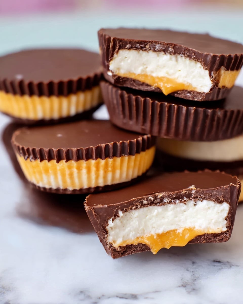 A close-up of a stack of small round chocolate cups, each having three layers: a dark brown chocolate top layer with a smooth, slightly shiny texture; a middle layer of light orange with a creamy texture; and a bottom layer of white cream that looks soft and thick. The top cup in the stack has a bite taken out, showing the gooey white and orange inside, with a small drip hanging down. The cups have ridged edges and are placed on a pale surface with a white marbled texture. In the background, more cups are slightly out of focus. photo taken with an iphone --ar 4:5 --v 7