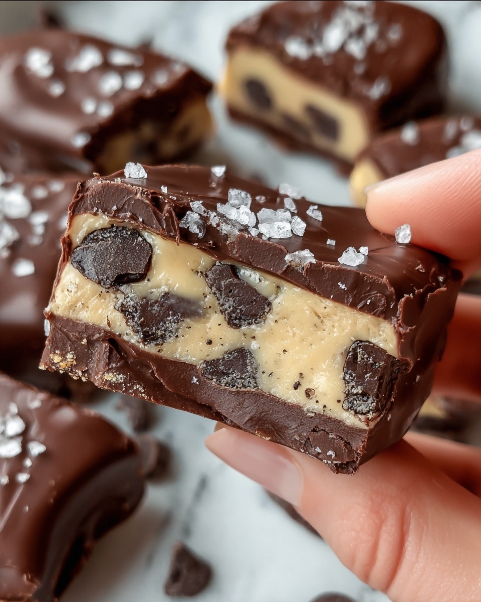 A close-up view of a thick, square-shaped chocolate piece held by a woman's hand. The treat shows three distinct layers: a glossy dark chocolate top layer sprinkled with large crystals of coarse salt; a middle creamy beige layer filled with generous dark chocolate chips of different sizes; and a dense, rich-looking dark chocolate base layer. The background features more pieces of the same chocolate treat on a white marbled surface. photo taken with an iphone --ar 4:5 --v 7