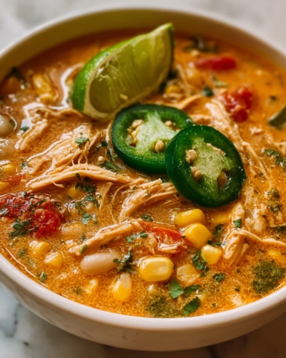 A close-up of a white bowl full of thick soup with layers of shredded chicken, white beans, yellow corn, chopped tomatoes, and green spinach leaves in an orange broth. On top, there are few slices of green jalapeño and a wedge of bright green lime resting on the edge of the bowl. The background is a white marbled texture. Photo taken with an iphone --ar 4:5 --v 7