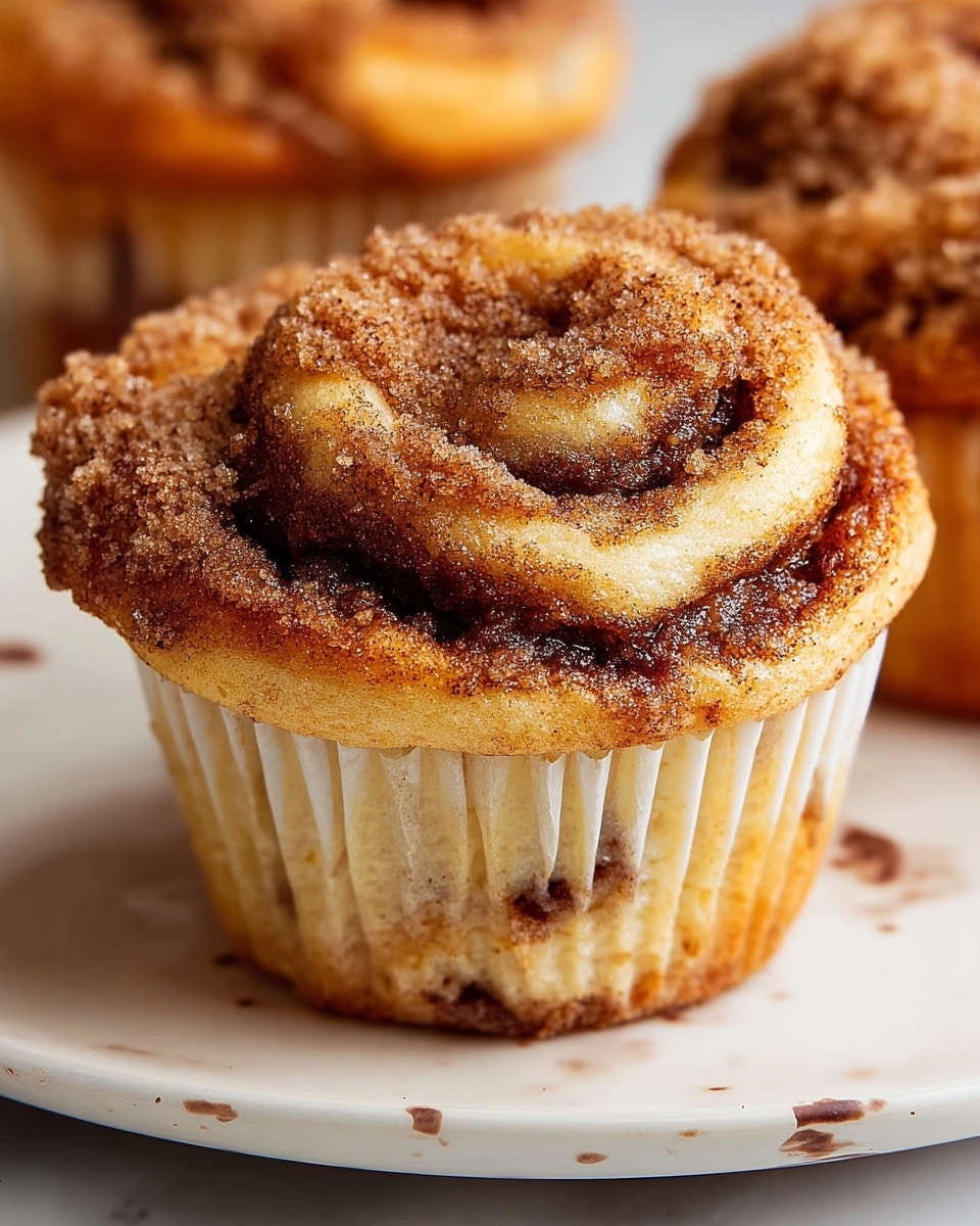 A close-up view of a cinnamon roll muffin with one main swirl on top showcasing layers of golden, fluffy dough and dark brown cinnamon sugar filling. The top layer is sprinkled with crumbly cinnamon sugar, having a slightly rough texture contrasting with the soft, light brown dough beneath. The muffin liner is white with visible dark cinnamon spots near the base, and the muffin sits on a white plate with subtle brown specks, all set against a white marbled surface. Photo taken with an iphone --ar 4:5 --v 7