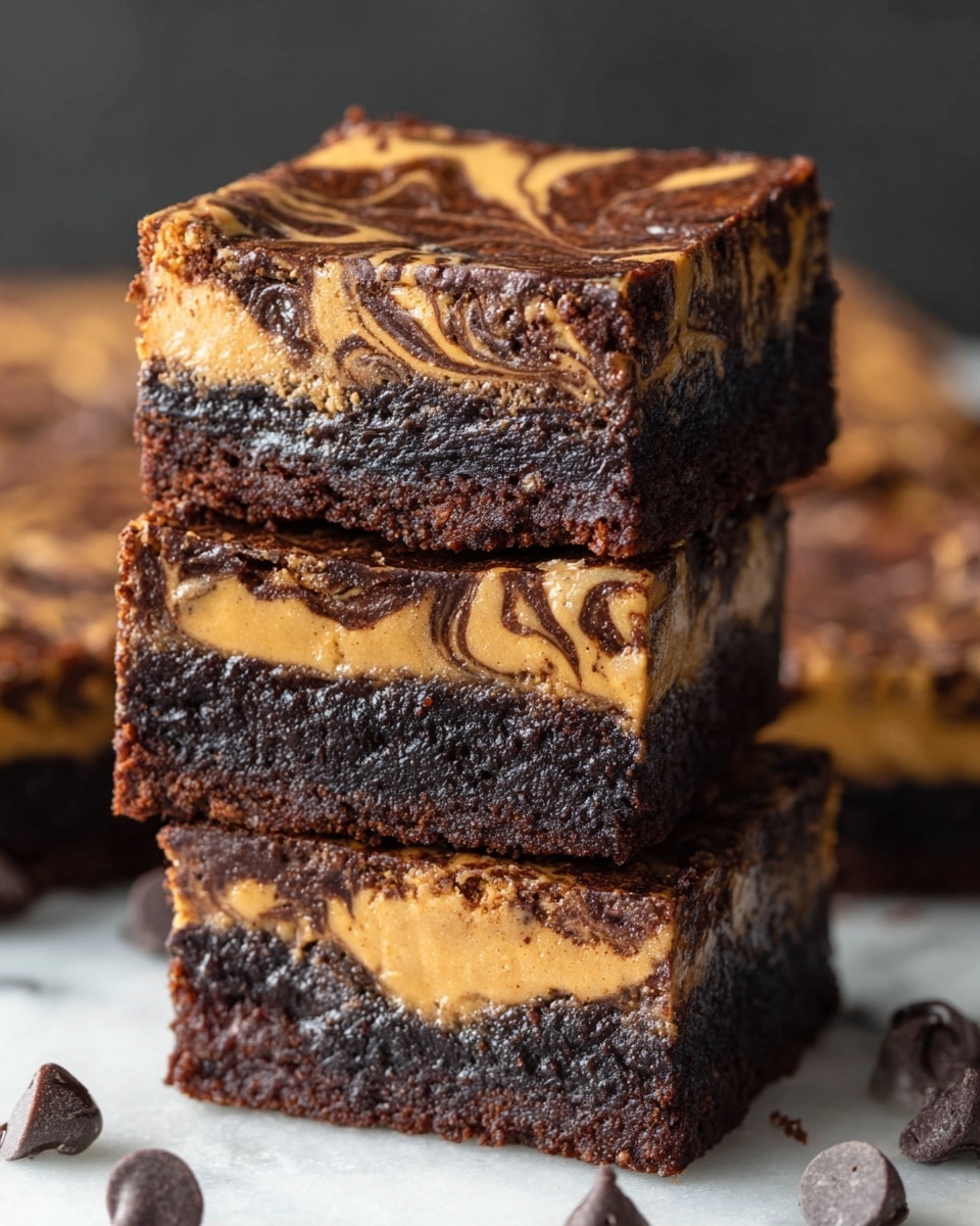 The image shows three thick, square brownies stacked on top of each other on a white marbled surface. Each brownie has two clear layers: a dark, rich chocolate base layer with a dense, fudgy texture, and a creamy peanut butter layer in the middle that has a smooth, light brown color. The top layer is a shiny, slightly melted dark chocolate with swirls blending into the peanut butter below. Around the brownies there are scattered dark chocolate chips adding detail and texture to the scene. The photo taken with an iphone --ar 4:5 --v 7