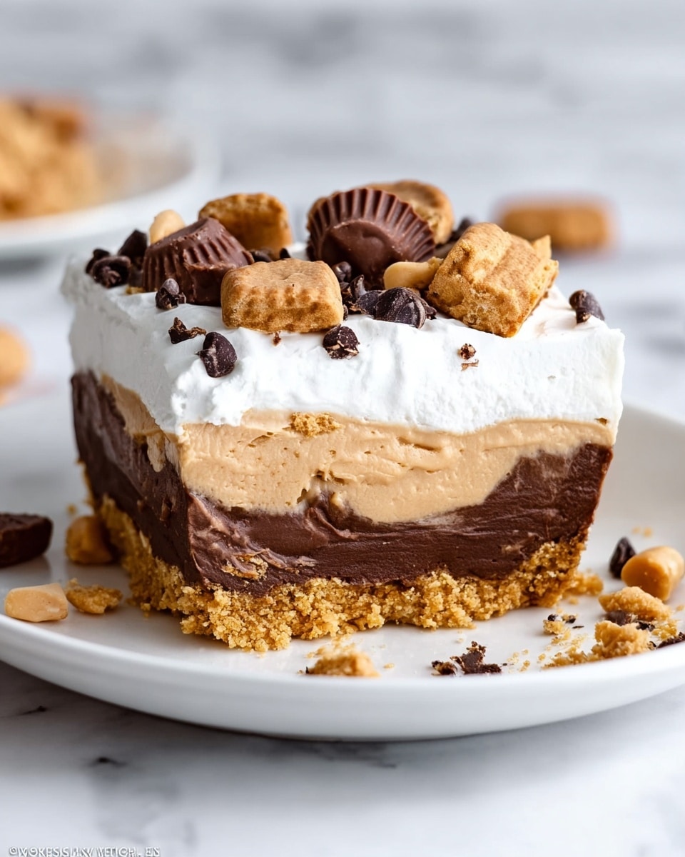A slice of layered dessert sits on a white plate placed on a white marbled surface. The bottom layer is a crumbly, golden-brown crust. Above it is a thick, creamy peanut butter layer with a smooth texture and light tan color. The next layer is a rich, dark chocolate pudding, glossy and dense. On top is a fluffy white whipped cream layer spread evenly. The whipped cream is decorated with broken pieces of peanut butter cookies, small peanut butter chips, miniature peanut butter cups, and a few dark chocolate chips scattered around. Small crumbs and bits of peanut butter cups fall lightly around the plate. photo taken with an iphone --ar 4:5 --v 7