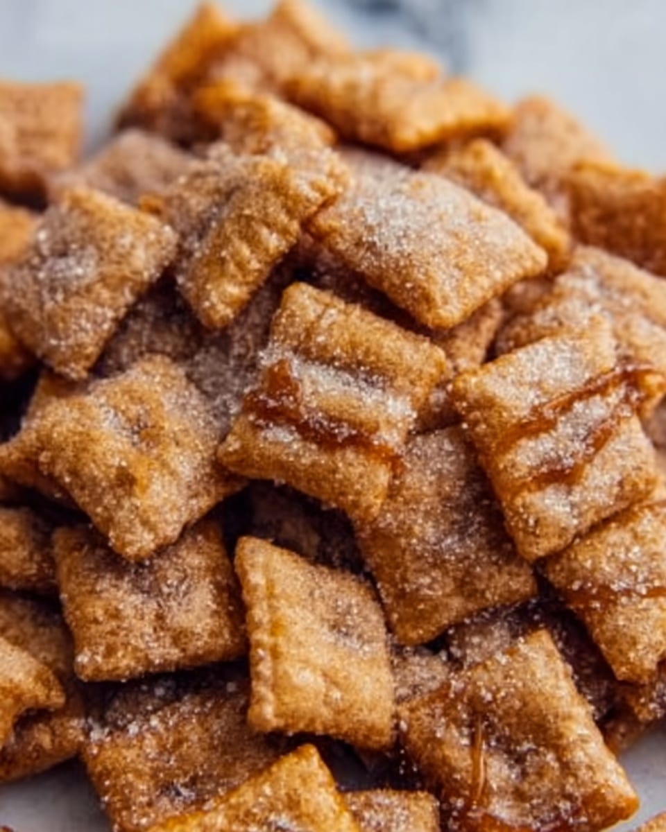 The image shows a close-up of many small square snack pieces with a rough texture. They are golden-brown in color and have some sugar or powder sprinkled on top. Some pieces have a drizzled caramel or syrup-like coating, adding a shiny, sticky layer. The snack pieces appear crunchy and are piled together without any visible container. The photo was taken on a white marbled surface. Photo taken with an iphone --ar 4:5 --v 7
