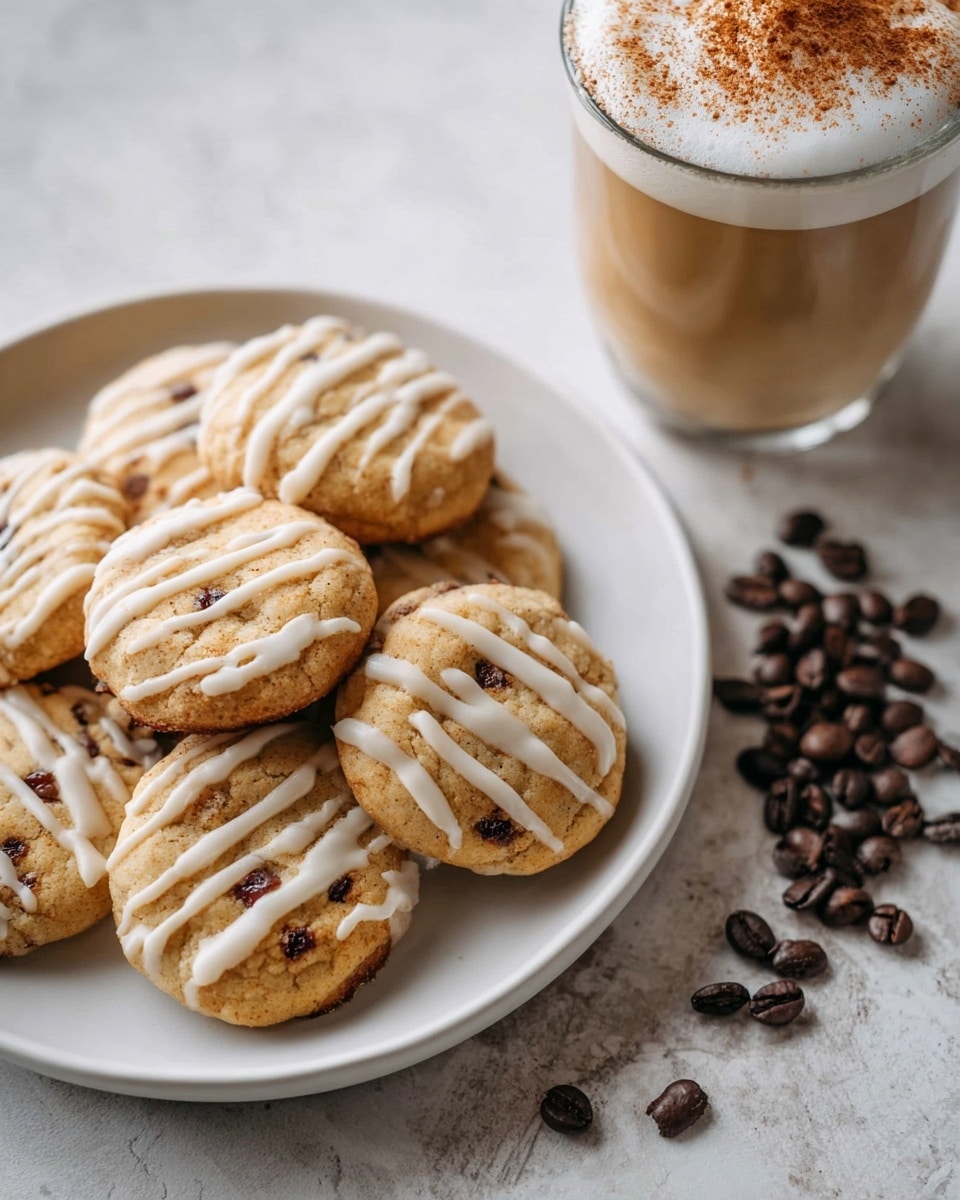 A white plate holds seven soft, round cookies with a light brown color and small dark spots from chocolate chips or spices inside. Each cookie has a thin layer of white icing drizzled across the top in uneven lines. To the top right of the plate, a tall glass cup filled with beige coffee topped with frothy milk and a dusting of brown cinnamon powder is visible. Scattered dark brown coffee beans lay between the plate and the cup. The plate and cup sit on a white marbled textured surface, creating a warm and inviting snack scene. Photo taken with an iphone --ar 4:5 --v 7