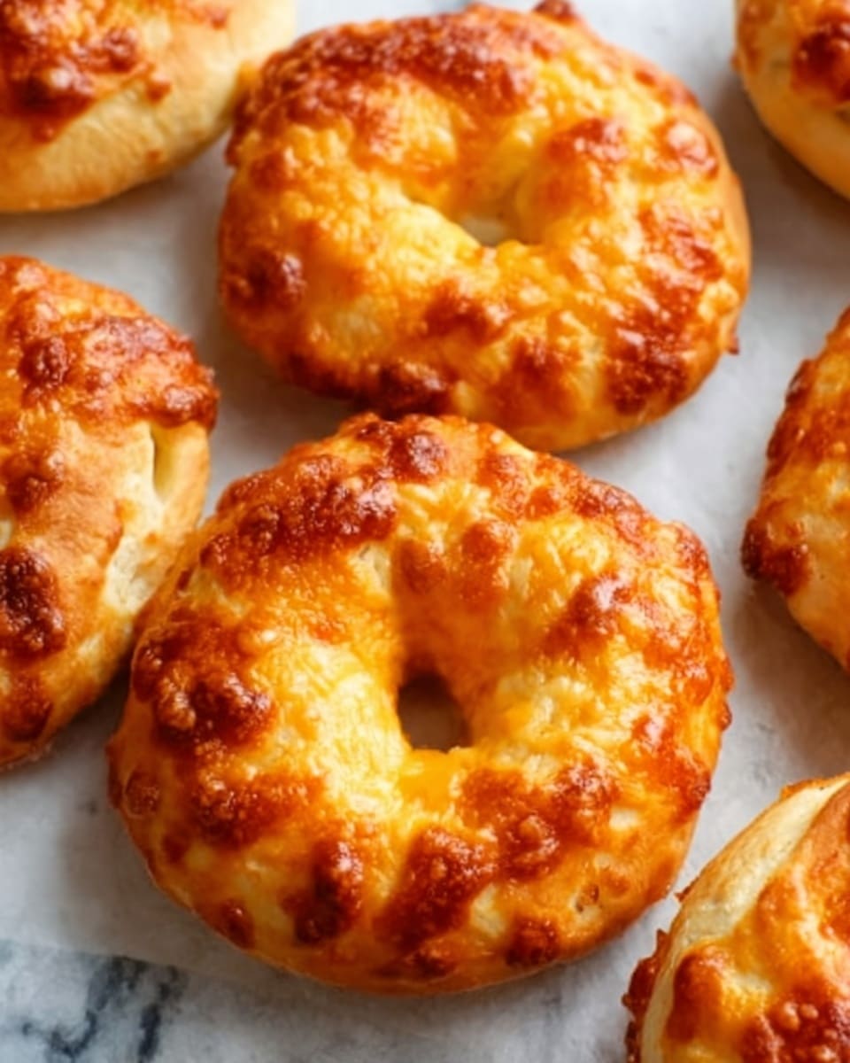 The image shows several golden-brown bagel-shaped pastries with a shiny, slightly textured surface from melted cheese on top. Each pastry has a round shape with a hole in the middle, and the outer layer is smooth but uneven with some crispy cheese spots. The pastries are placed closely together on white parchment paper, which is on a white marbled surface. The cheese adds a rich, bubbly texture and a warm orange hue to the top layer. photo taken with an iphone --ar 4:5 --v 7