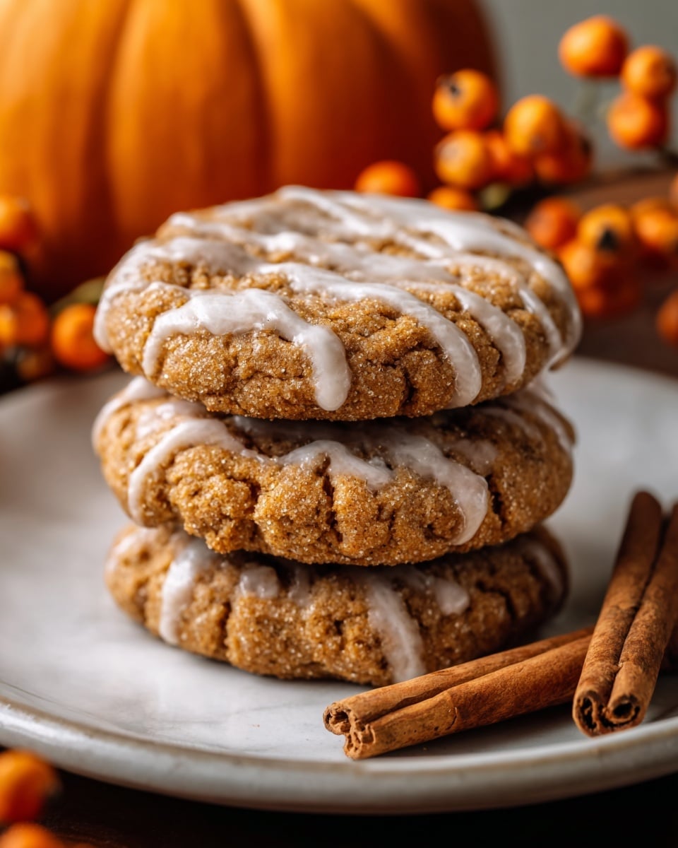 A stack of three round cookies with a cracked, rough texture sits on a white plate. Each cookie is golden-brown with a soft, crumbly look and is topped with a drizzle of smooth, white icing in thin lines. Next to the stack, two cinnamon sticks lay flat on the plate. The background shows out-of-focus orange berries and a large orange pumpkin, all set on a white marbled surface. The lighting highlights the cookies' texture and the shine on the icing. Photo taken with an iphone --ar 4:5 --v 7
