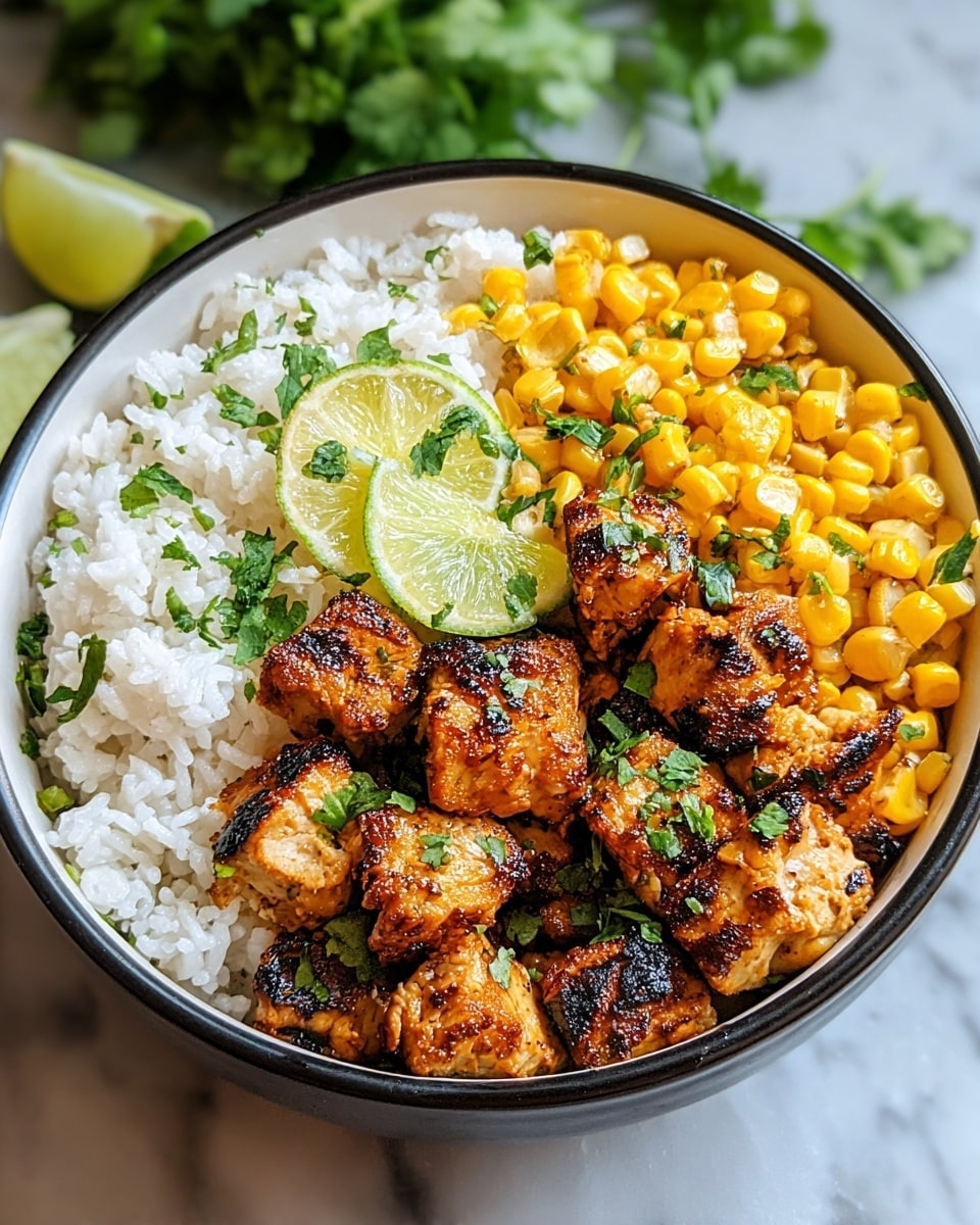 A bowl with three layers starting with a base of white rice, fluffy and slightly sticky, filling the bottom. On one side sits a bright layer of yellow corn kernels, shiny and plump, closely packed together. The main topping is grilled chicken cubes with a charred, browned surface, scattered over the rice and corn, sprinkled with fresh green cilantro bits. A fresh lime slice sits on the rice near the chicken for a pop of green and an extra fresh touch. The bowl is white with a black inner rim, set on a white marbled surface with some green herbs blurred in the background. photo taken with an iphone --ar 4:5 --v 7