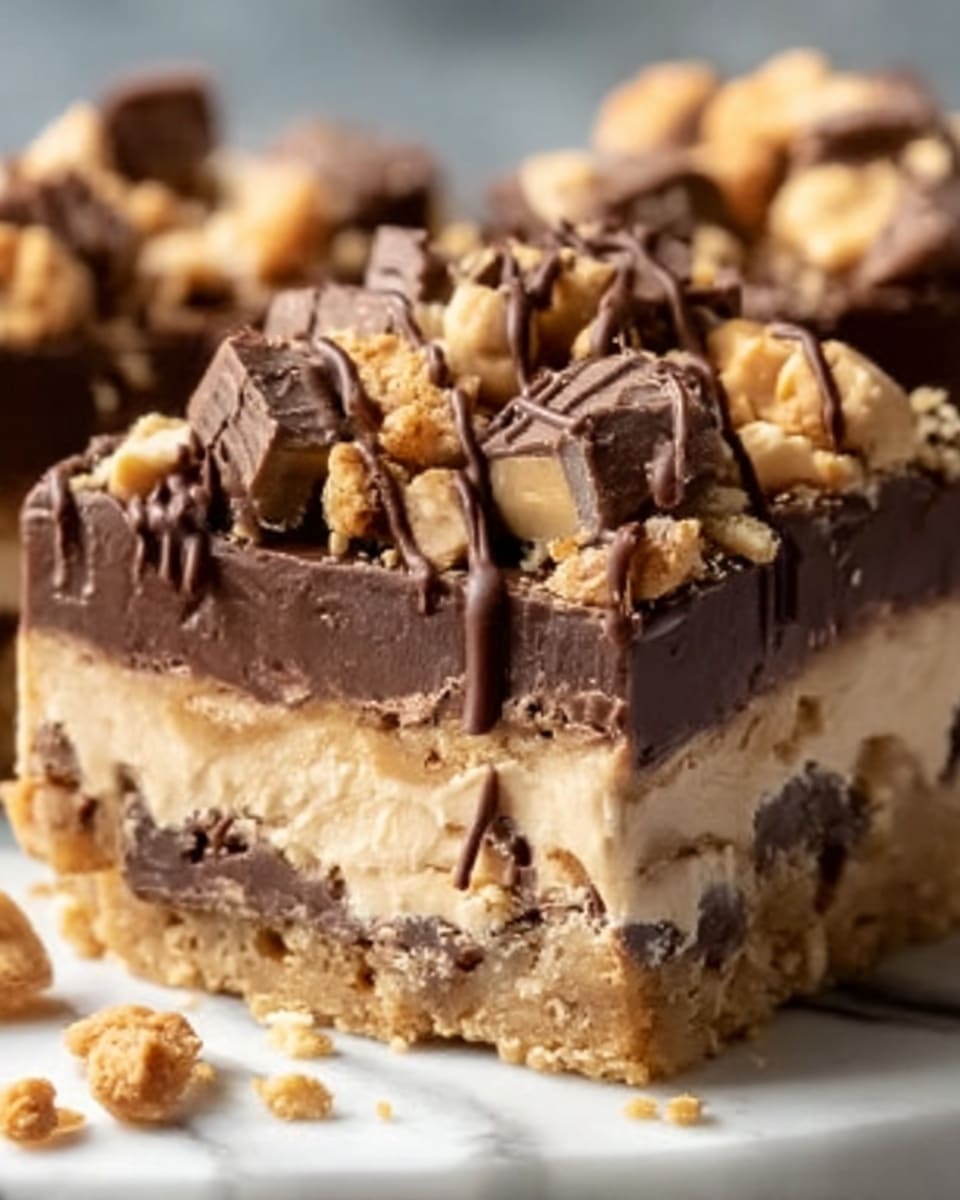 A square serving of a layered dessert bar is shown close up, placed on a white marbled surface. The dessert has three visible layers: the bottom layer is light brown and crumbly, likely a cookie base; the middle layer is thick and creamy beige, resembling peanut butter or a soft caramel filling; the top layer is dark brown and glossy, looking like a rich chocolate ganache. On top of this chocolate layer are various uneven chunks of beige-colored candy or toffee pieces mixed with round chocolate candies, creating a textured, crunchy topping. A woman's hand is holding the dessert gently from the side. photo taken with an iphone --ar 4:5 --v 7