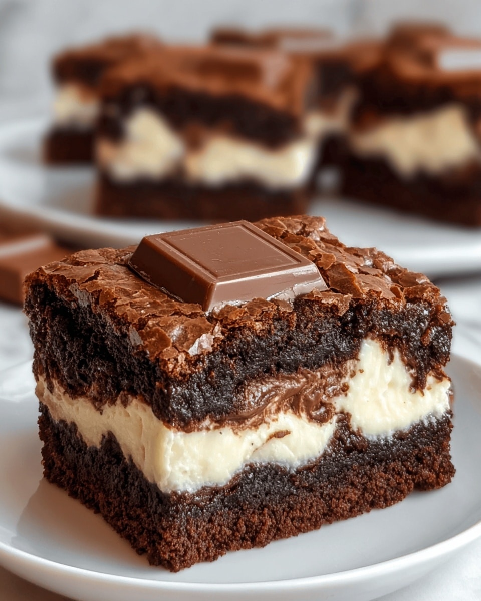 A slice of chocolate brownie is shown with three clear layers: the bottom layer is dense, dark brown chocolate cake, the middle layer is a creamy white filling that looks soft and slightly melting, and the top layer has a cracked textured dark chocolate crust with a square piece of milk chocolate partially melted into the creamy middle. The brownie slice sits on a white plate against a white marbled surface, with blurred parts of more brownie pieces visible in the background. Photo taken with an iphone --ar 4:5 --v 7