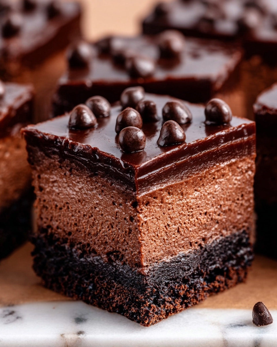 A close-up image shows a square piece of rich chocolate brownie with three layers: a dark, dense bottom layer, a middle layer of lighter, moist chocolate cake, and a glossy, smooth dark chocolate top layer. The top is decorated with small, round chocolate balls scattered around. The brownie rests on a white marbled surface, enhancing the deep brown colors of the dessert. Photo taken with an iphone --ar 4:5 --v 7