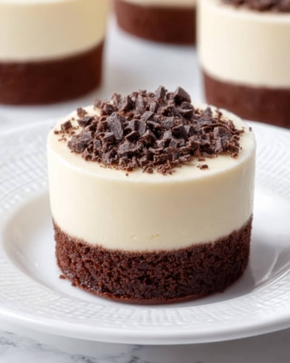 The image shows a small round dessert with three clear layers. The bottom layer is dark brown and looks moist and crumbly, like a chocolate cake. The middle layer is smooth and creamy white, thicker than the bottom layer. The top layer is a thin, light cream-colored layer with small dark chocolate pieces sprinkled on it. The dessert sits on a white, round plate with a decorative edge, and the background is a white marbled surface. Photo taken with an iphone --ar 4:5 --v 7