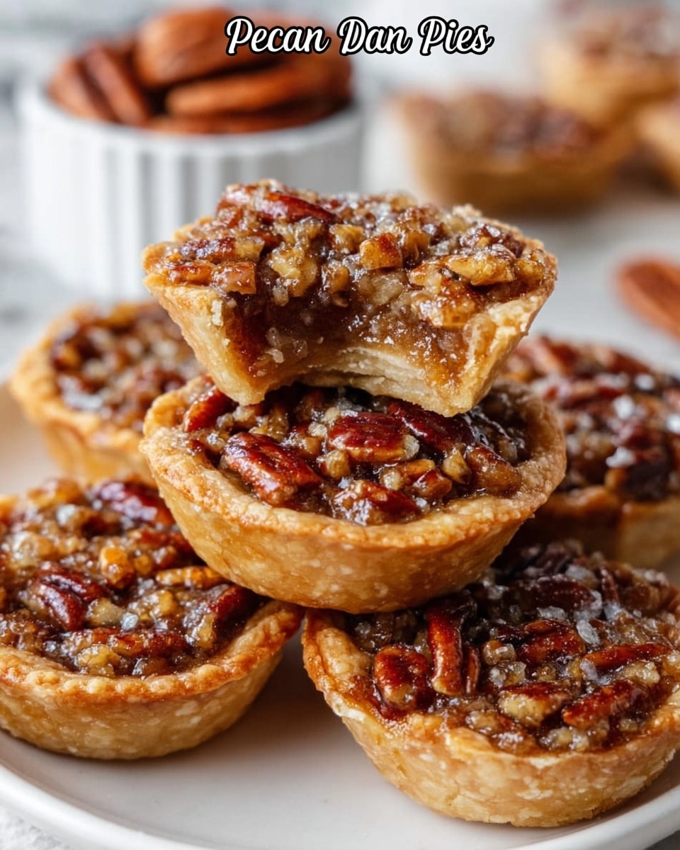 A stack of small round pecan pies is shown on a white marbled surface, each pie featuring three visible layers: the bottom golden-brown crust, the middle gooey caramel filling, and a thick top layer packed with chopped glossy pecans in shades of brown, giving a crunchy texture look. The top pie has a bite taken out, revealing the soft inside layers clearly. In the background, there are whole pecans in a white bowl, adding to the warm, nutty theme. photo taken with an iphone --ar 4:5 --v 7