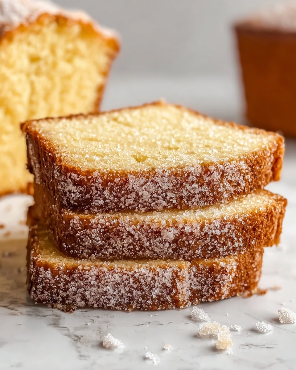 The image shows three thick slices of soft, light golden cake stacked slightly unevenly on a white marbled surface. Each slice has a crust covered in a sparkling layer of sugar crystals that create a frosted, grainy texture along the edges. The inside of the cake is moist and spongy with a pale yellow color. Some scattered sugar crystals and crumbs lie around the base of the stack, adding a delicate detail to the scene. In the background, another whole cake with the same sugar-crusted top is softly blurred. photo taken with an iphone --ar 4:5 --v 7