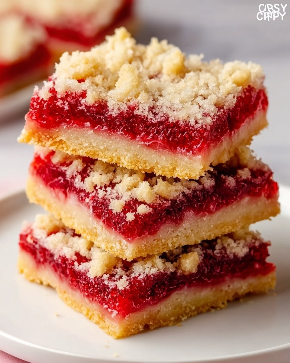 The image shows a stack of three square berry crumb bars. Each bar has three visible layers: a thick pale golden crust at the bottom that looks firm and crumbly, a thick bright red berry filling in the middle with a slightly glossy, jam-like texture, and a crumbly, pale golden streusel layer on top with uneven small chunks. The bars are placed on a white surface with a soft white marbled texture background visible behind them. The edges of the bars are cleanly cut, showing the contrast between the layers very clearly. Photo taken with an iphone --ar 4:5 --v 7
