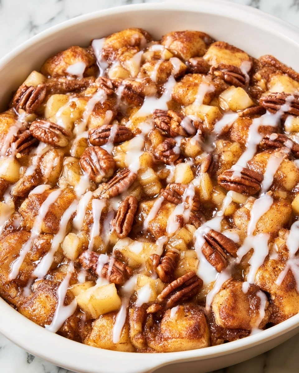 The dish shows two main layers in a white baking dish: the bottom layer is made up of soft, golden-brown dough pieces with a cinnamon-spiced coating, giving a slightly rough texture, while the top layer contains small chunks of cooked apples and whole pecans scattered evenly across, both covered with a thin drizzle of smooth white icing, creating a glossy finish. The background is a white marbled texture. photo taken with an iphone --ar 4:5 --v 7