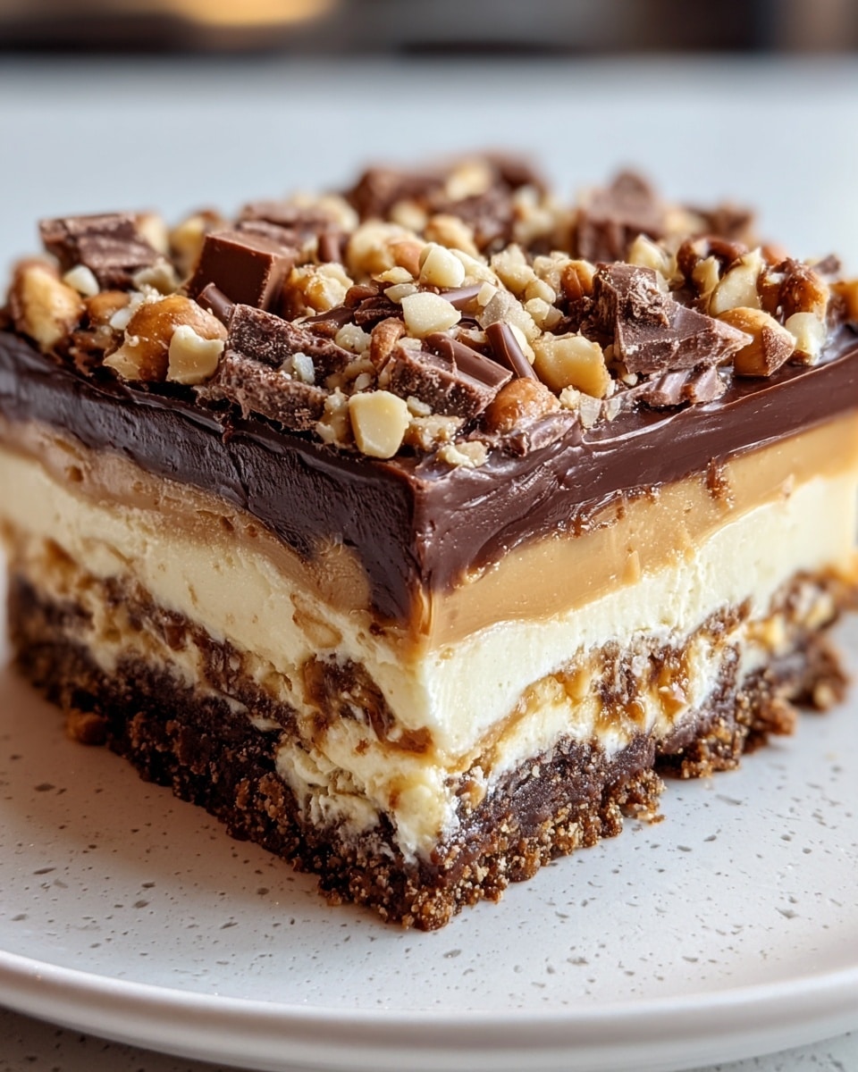 The image shows a thick square slice of dessert with five visible layers. The bottom layer is a dark brown crumbly crust. Above it is a smooth cream-colored layer. The middle layer is a golden caramel mixed with bits of crunchy nuts. Above that is a thick cream layer with scattered chocolate pieces inside. The top layer is a thick, glossy dark chocolate ganache, sprinkled generously with chopped nuts and chocolate chunks. The dessert is placed on a reflective surface with a white marbled texture in the background. photo taken with an iphone --ar 4:5 --v 7