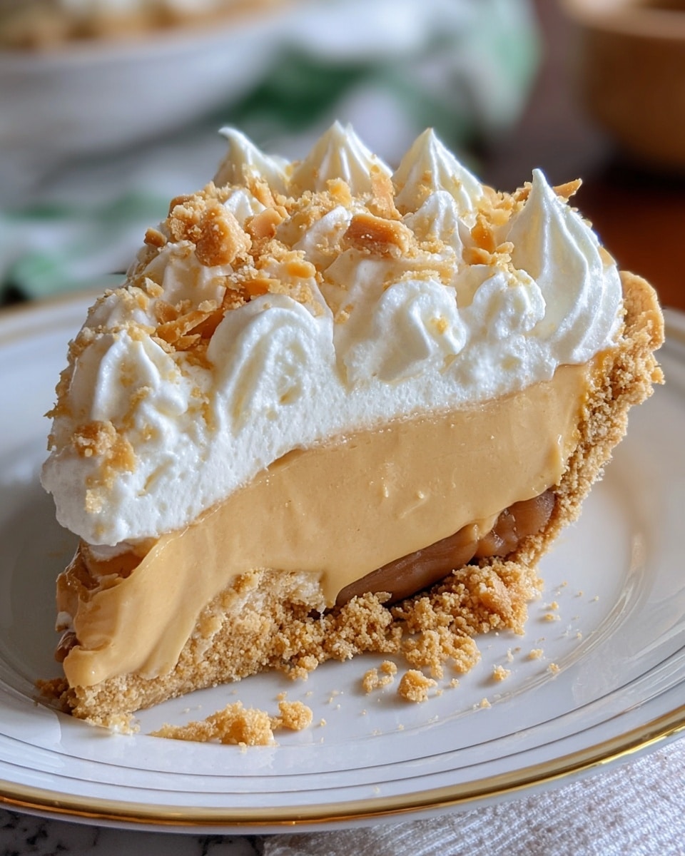 A slice of creamy beige pie sits on a white plate with a gold rim, placed on a white marbled texture. The pie has three main layers: a crumbly golden crust at the bottom, a thick smooth caramel-colored filling in the middle with small air pockets, and a top layer of white whipped cream with soft swirls. Sprinkled on top are larger crumbled bits of light brown and small orange caramel pieces, adding texture and contrast. The slice looks soft and rich, with crumbs scattered around the edge. Photo taken with an iphone --ar 4:5 --v 7