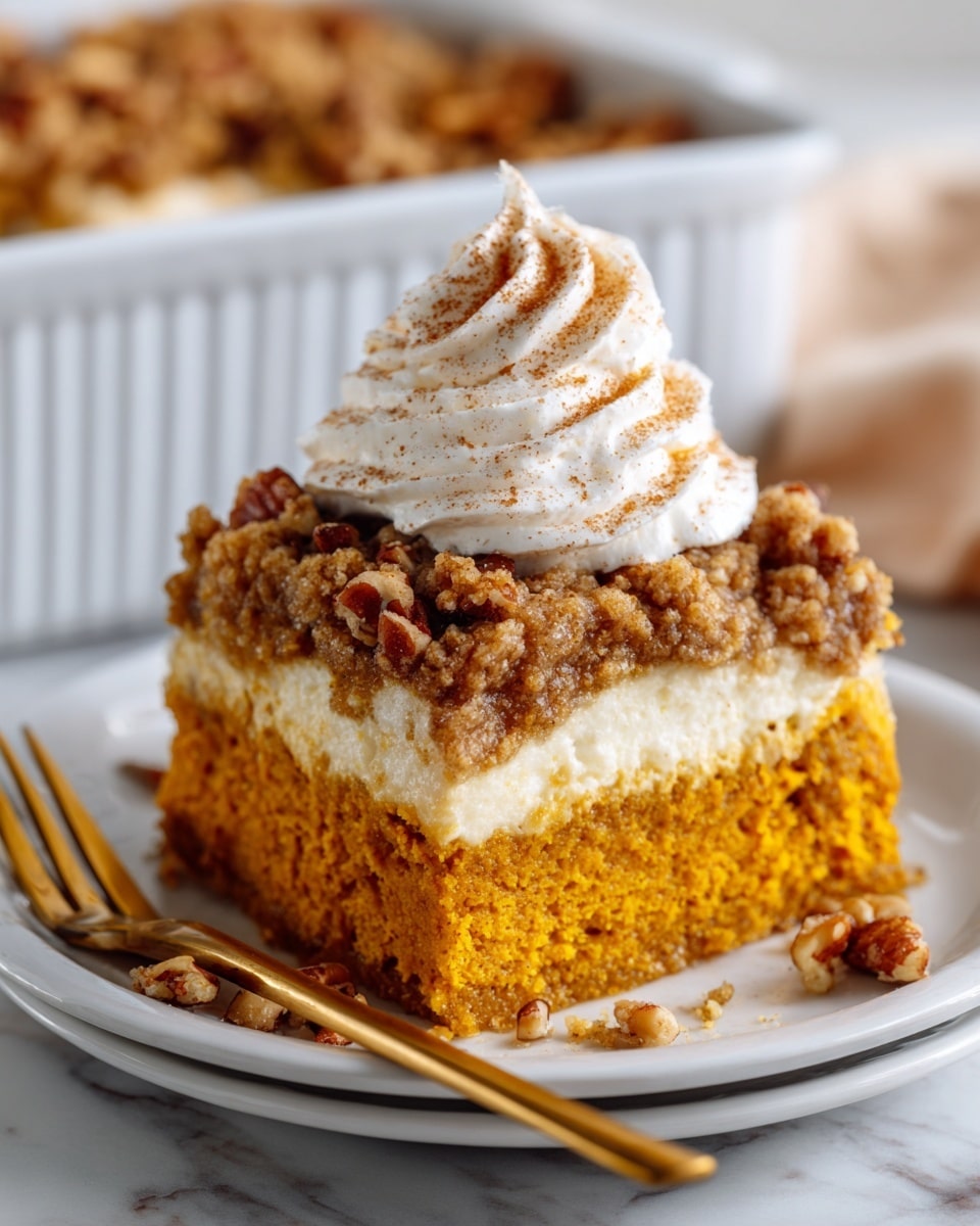 A square piece of pumpkin cake with three clear layers sits on a white plate on a white marbled surface. The bottom layer is thick and orange with a soft, dense texture. The middle layer is creamy and light, creating a smooth contrast. The top layer is a crumbly brown streusel with pecan pieces scattered on it. On top of the cake is a swirl of whipped cream dusted with a light sprinkle of cinnamon. A gold fork rests on the plate beside the cake. Photo taken with an iphone --ar 4:5 --v 7