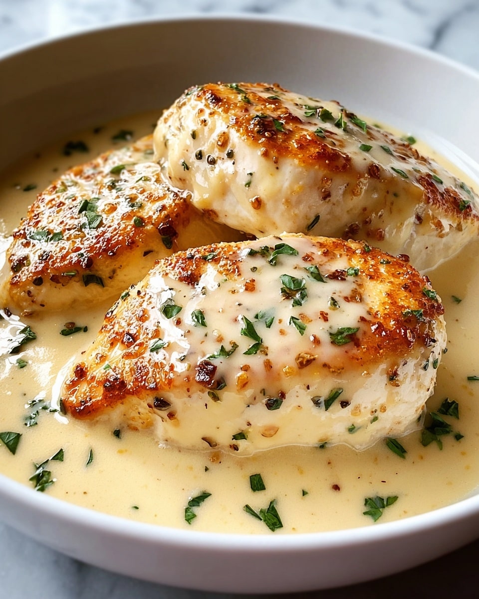 The image shows three pieces of cooked chicken breast in a white bowl, each piece having a golden-brown grilled texture on top with a slightly crispy surface. The chicken is covered in a creamy, light beige sauce that pools around the bottom and sides of the chicken. Small green herb bits are sprinkled over the chicken and sauce, adding a fresh contrast to the colors. The bowl sits on a white marbled surface. photo taken with an iphone --ar 4:5 --v 7