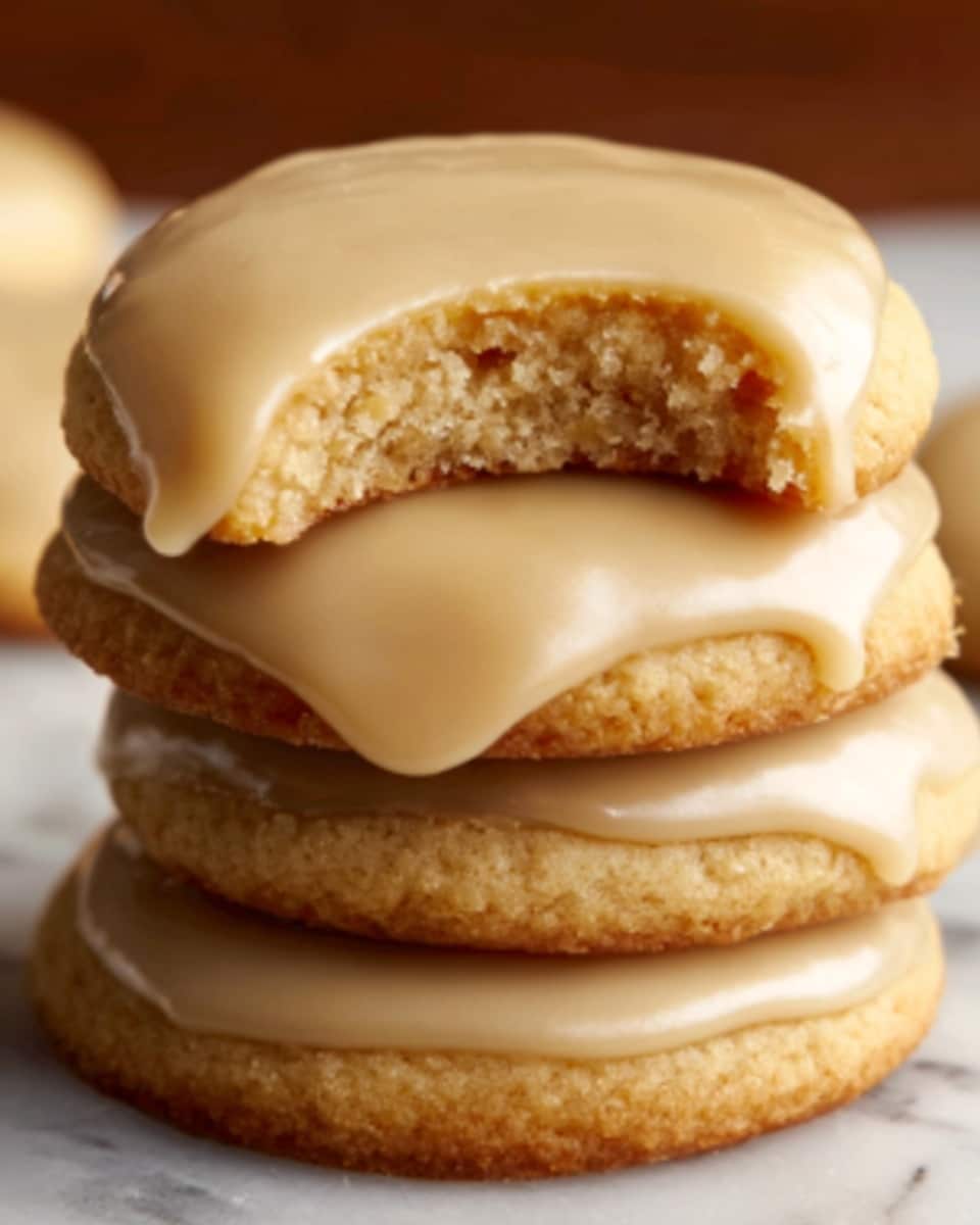 A stack of three soft, light golden cookies with smooth, creamy tan icing on top of each one. The top cookie has a small bite taken out, showing its soft, crumbly inside. The cookies have a slightly thick texture and a shiny, smooth layer of icing that covers the top evenly. The background is a white marbled texture. photo taken with an iphone --ar 4:5 --v 7