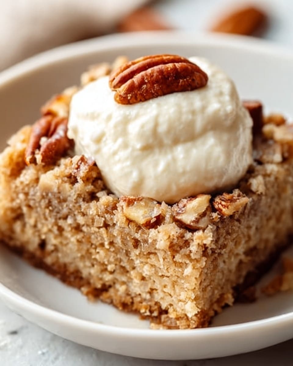 A close-up image of a thick square piece of dessert placed in a white bowl, topped with a round dollop of creamy white cream in the center. The dessert has a rough, crumbly texture with small brown pecan nuts scattered evenly on top, showing a mix of light beige and golden brown colors. The background surface is a white marbled texture that softly blurs out, highlighting the dessert. Photo taken with an iphone --ar 4:5 --v 7