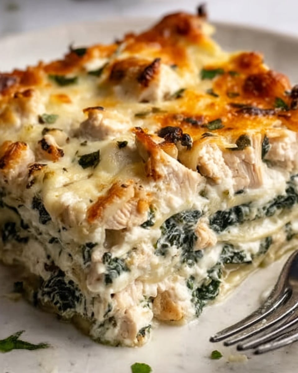 A close-up of two slices of creamy white lasagna on a white plate, each slice showing about five layers: a golden brown melted cheese top layer with small browned spots and sprinkled green herbs, beneath it a white creamy layer with bits of chicken and spinach leaves, followed by a layer of pasta, another creamy cheese mix with spinach, and another pasta layer at the bottom. The cheese on top looks slightly bubbly and glossy, and the spinach adds small green patches throughout the layers. The plate rests on a white marbled texture surface. Photo taken with an iphone --ar 4:5 --v 7