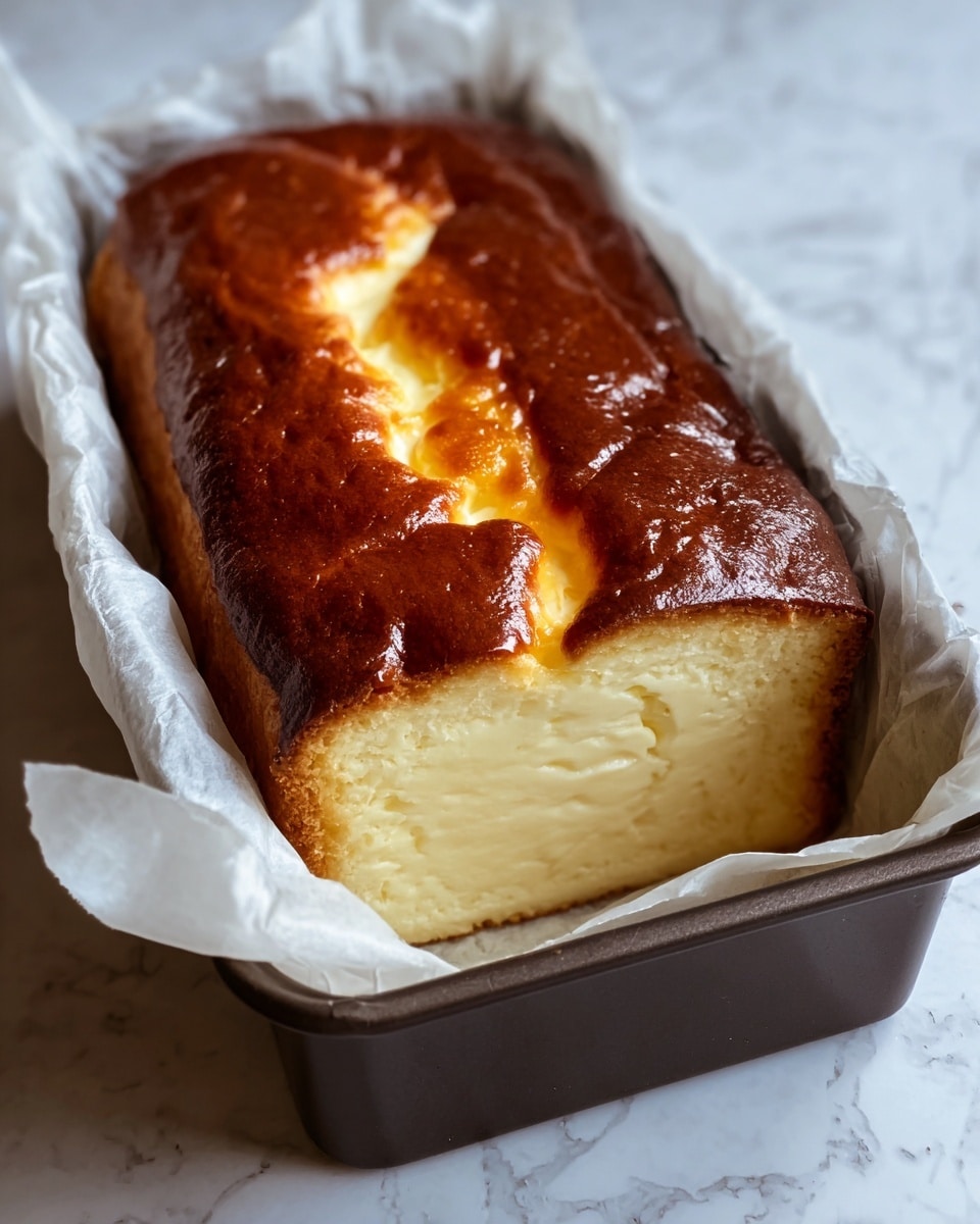 A rectangular cheesecake loaf with one thick layer shows a smooth and creamy pale yellow inside. The top layer is golden brown with a shiny and slightly cracked surface. The cheesecake is in a dark pan lined with white parchment paper, sitting on a white marbled surface. Photo taken with an iphone --ar 4:5 --v 7