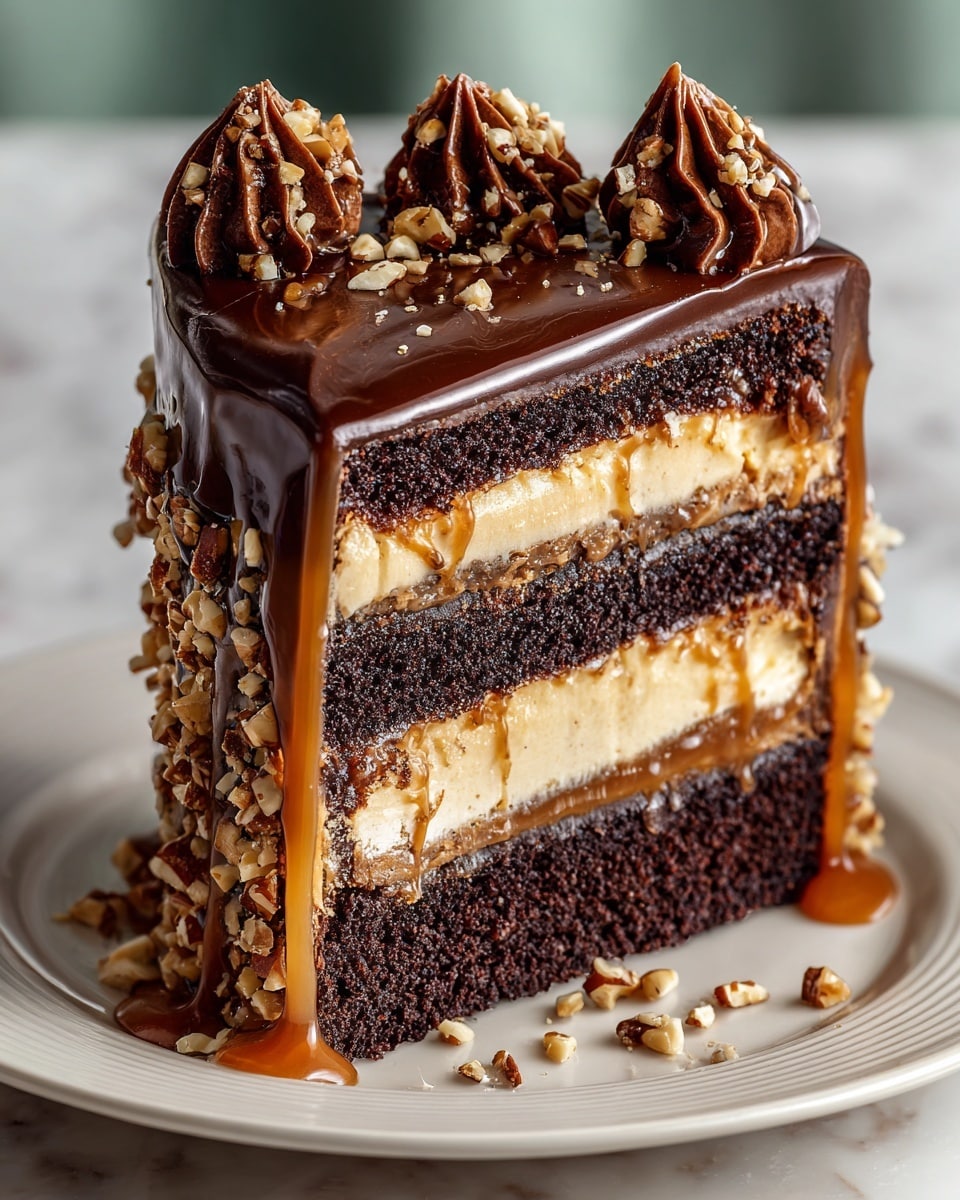 A tall slice of chocolate cake with four thick, dark brown layers, each separated by creamy light brown caramel layers that drip slightly down the sides. The cake is coated in glossy milk chocolate ganache flowing unevenly over the edges, decorated with chopped nuts pressed into the sides and on top. The top has four swirls of smooth chocolate frosting, each sprinkled with more chopped nuts. It sits on a white plate with a few nut pieces scattered around, all against a white marbled texture background. Photo taken with an iphone --ar 4:5 --v 7