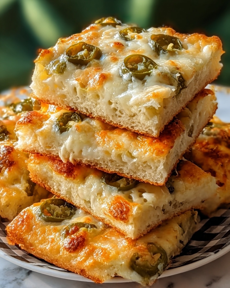 A close-up view of several square pieces of cheesy bread stacked in a pile on a white plate with a black and white checkered pattern. Each piece shows two main layers: a golden-brown, slightly crispy bottom crust and a thick, creamy top layer of melted cheese with small golden-orange browned spots. There are scattered green bits on the cheese, suggesting chopped herbs or peppers inside, which add color contrast. The cheese layer looks gooey and shiny, with some bubbling from the melt. The background is softly blurred with a white marbled texture. photo taken with an iphone --ar 4:5 --v 7
