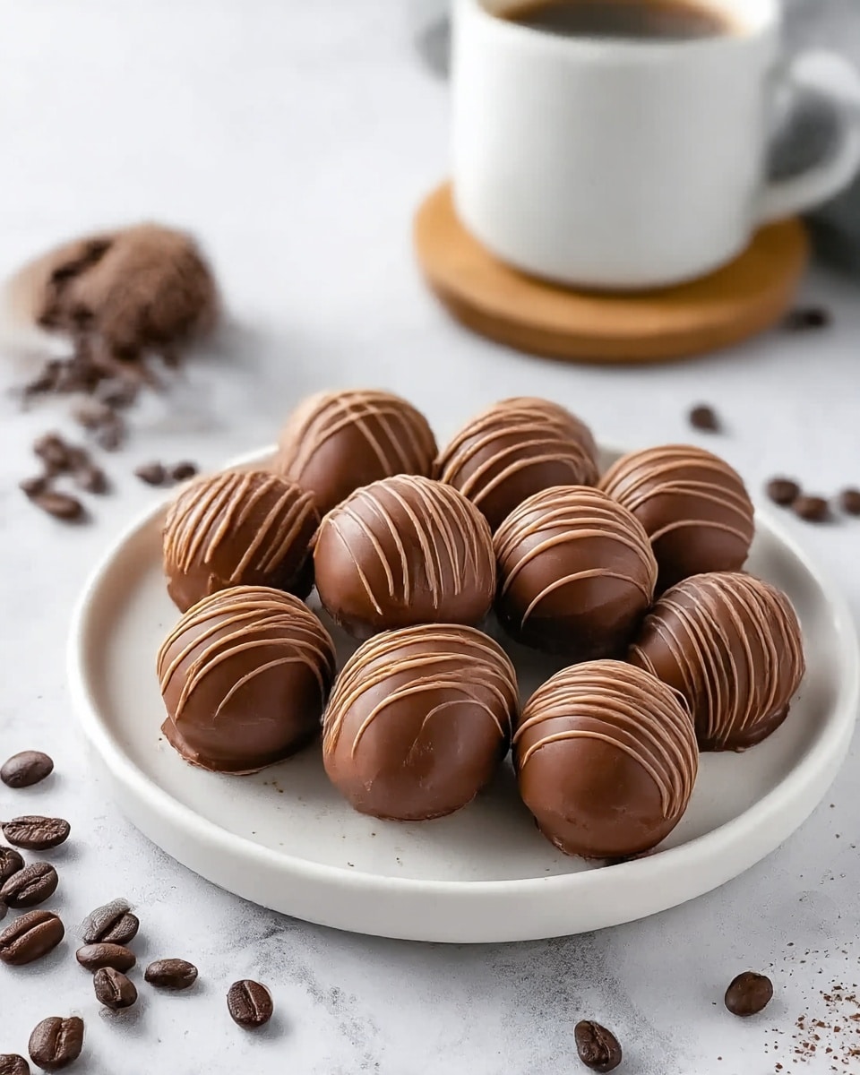 The image shows a white round plate filled with about ten chocolate truffles. Each truffle is smooth and round with a milk chocolate coating, decorated with thin light brown drizzle lines spread evenly on top. The plate sits on a white marbled surface with some coffee beans scattered around. In the background, there is a white cup on a small wooden coaster, slightly out of focus. The lighting is soft and natural, highlighting the shiny texture of the chocolate. photo taken with an iphone --ar 4:5 --v 7